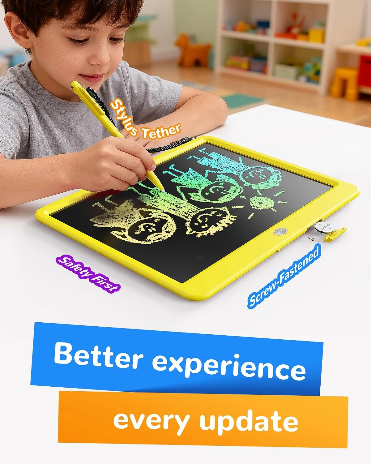 KOKODI LCD Writing Tablet, 12 Inch Colorful Toddler Doodle Board Drawing Tablet, Erasable Reusable Electronic Drawing Pads, Educational and Learning Toy for 3-6 Years Old Boy and Girls(Yellow)