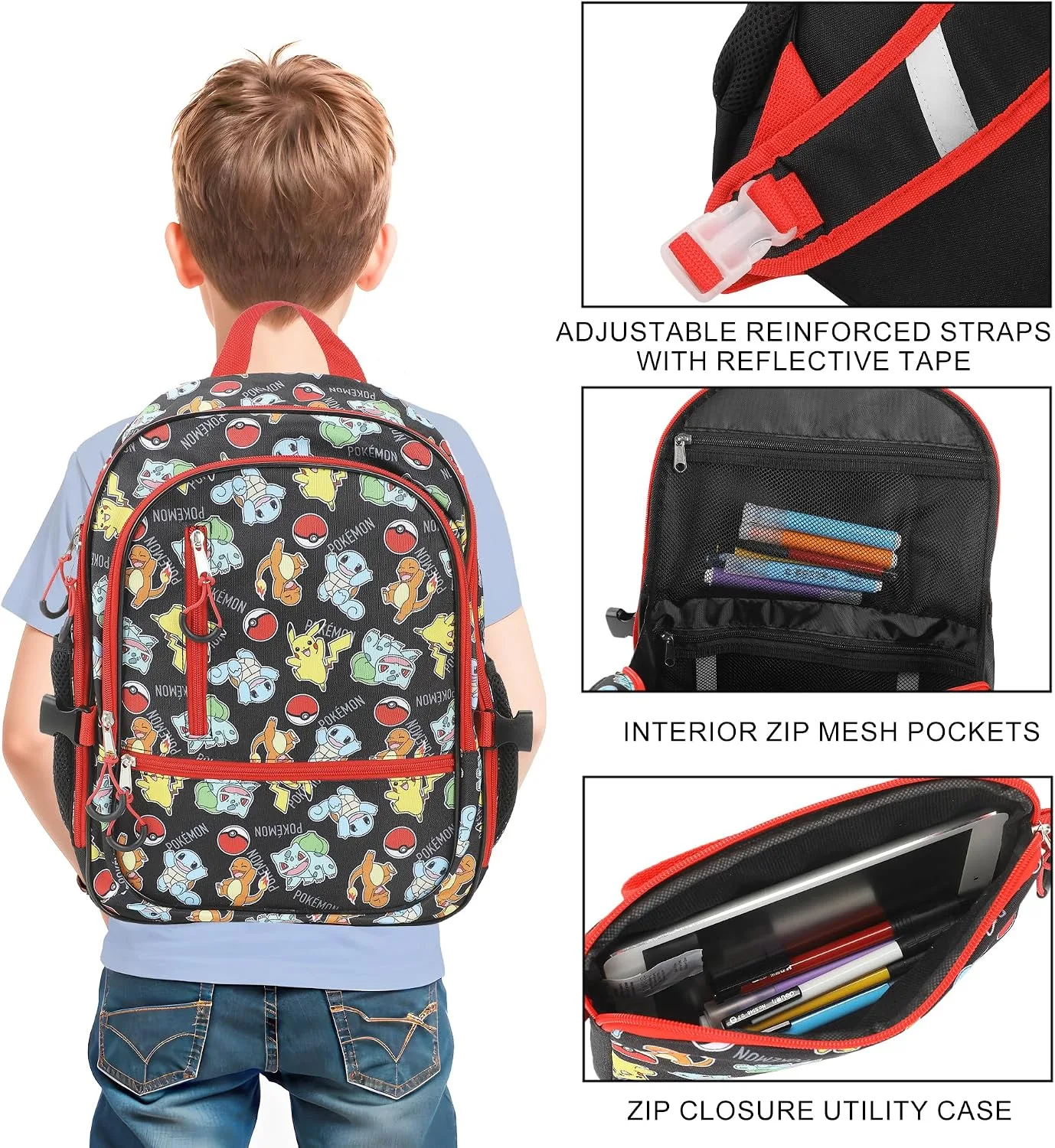 Bioworld Pokemon Starters & Pokeballs All-Over Print 16" Backpack & Lunch Kit Value Set