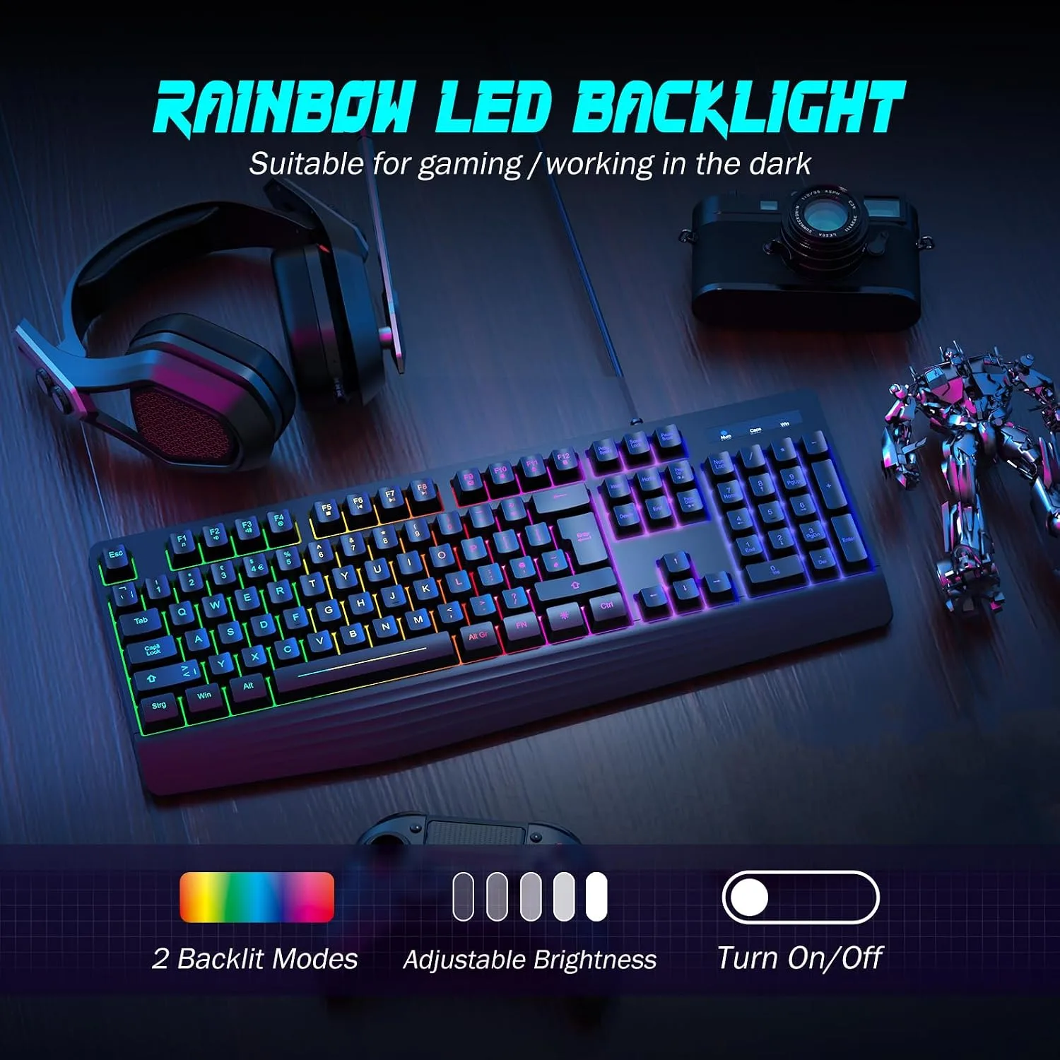 Gaming Keyboard Wired, 7-Color Backlit, 104 Keys Quiet Light Up, Wrist Rest