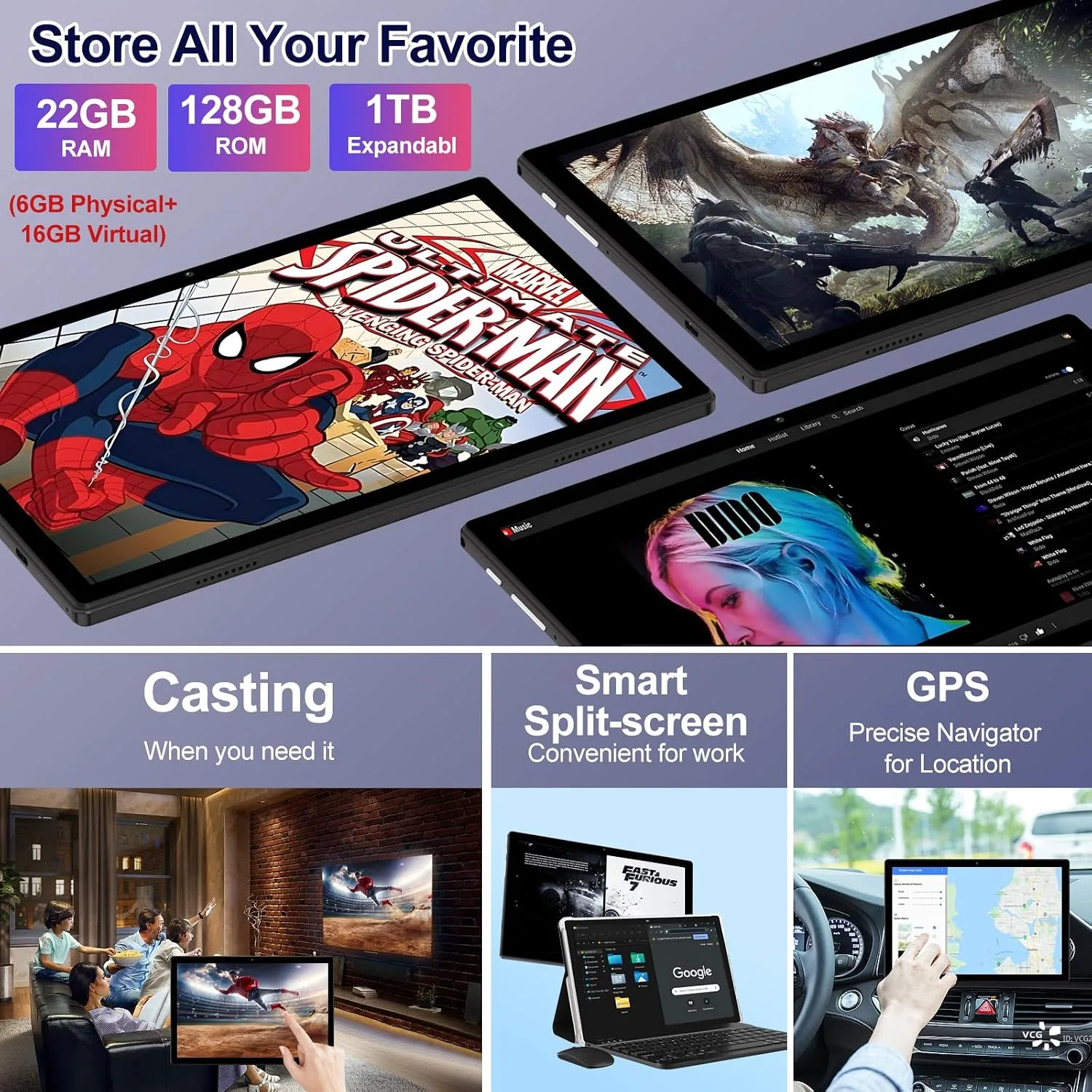 ZIOVO Android Tablet 22GB RAM 128GB ROM 1TB Expand, 10.1 inch 8000mAh Octa-Core Tablet with Keyboard & Mouse, GPS, Widevine L1, HD IPS Display, 5G Wi-Fi, Bluetooth 5.0, Split Screen -Metal Black