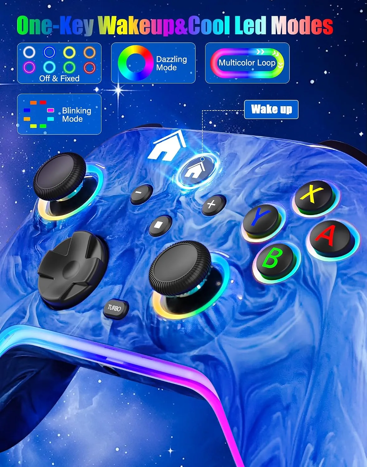 JAVRUNWOF Switch Controller-Wireless-Switch-Pro-Controllers-Blue Compatible with Switch/Lite/OLED,1200mAh Rechargeable Remote Gamepad Joystick with 10 RGB Led Light,6-Axis Gyro,Turbo,Wake Up,Motion
