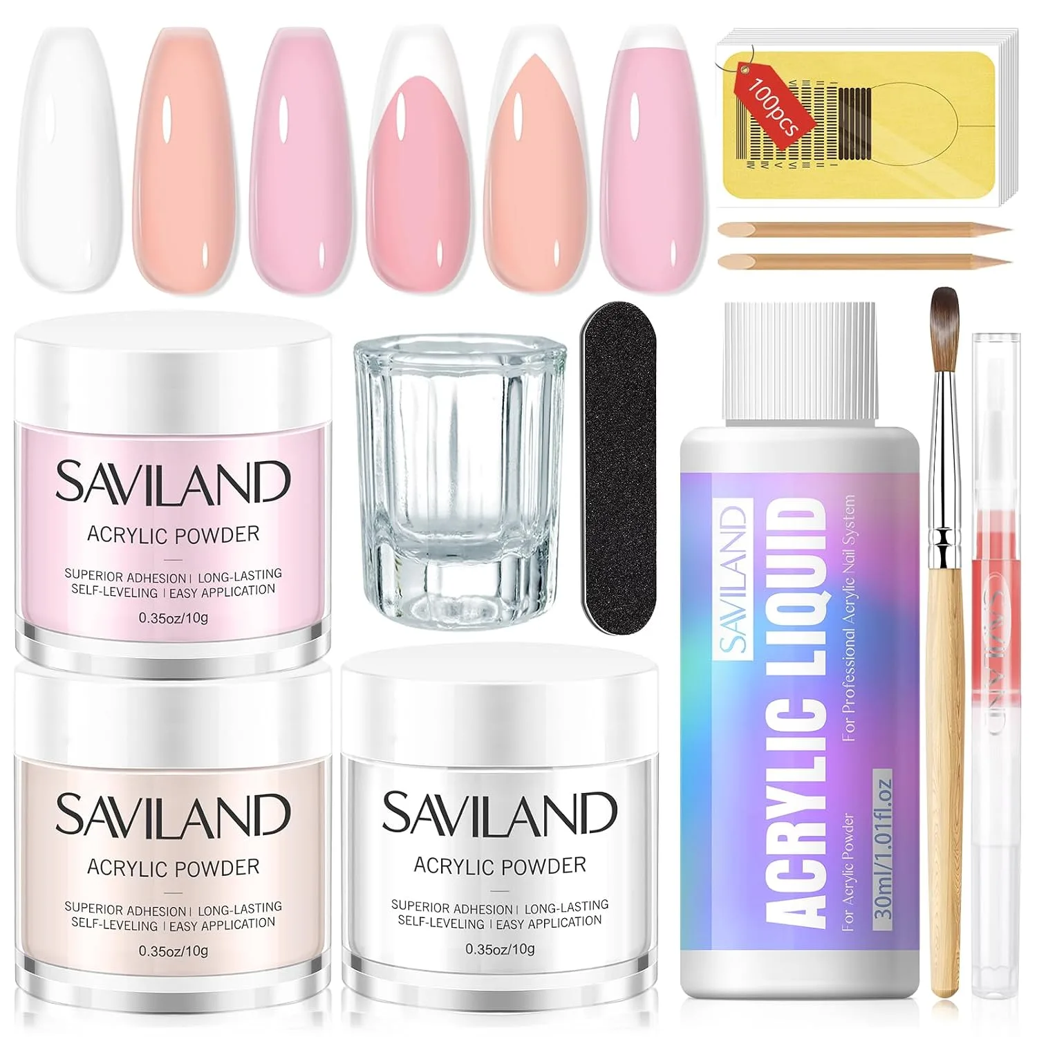 Kit de Acrílico para Uñas Saviland para Principiantes con Polvo Transparente, Nude y Rosa