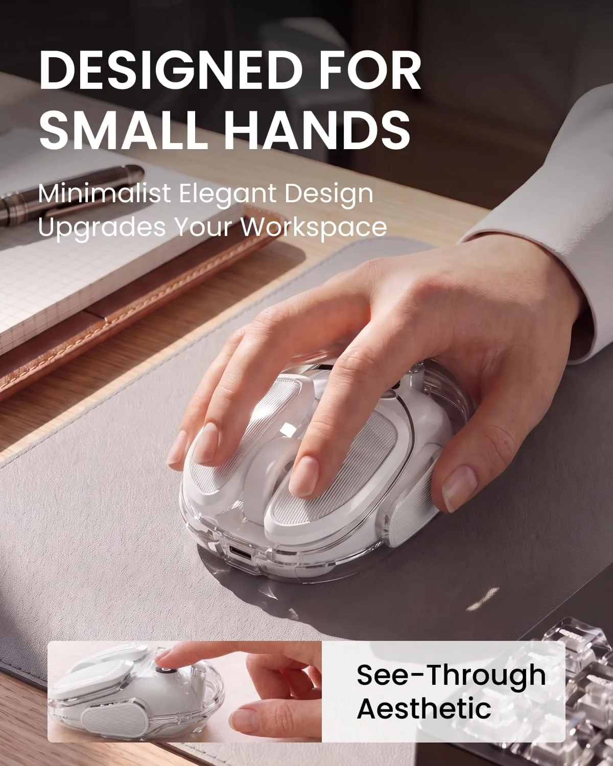 Wireless Bluetooth Mouse, Rechargeable, Clear, Silent Click for Small Hand