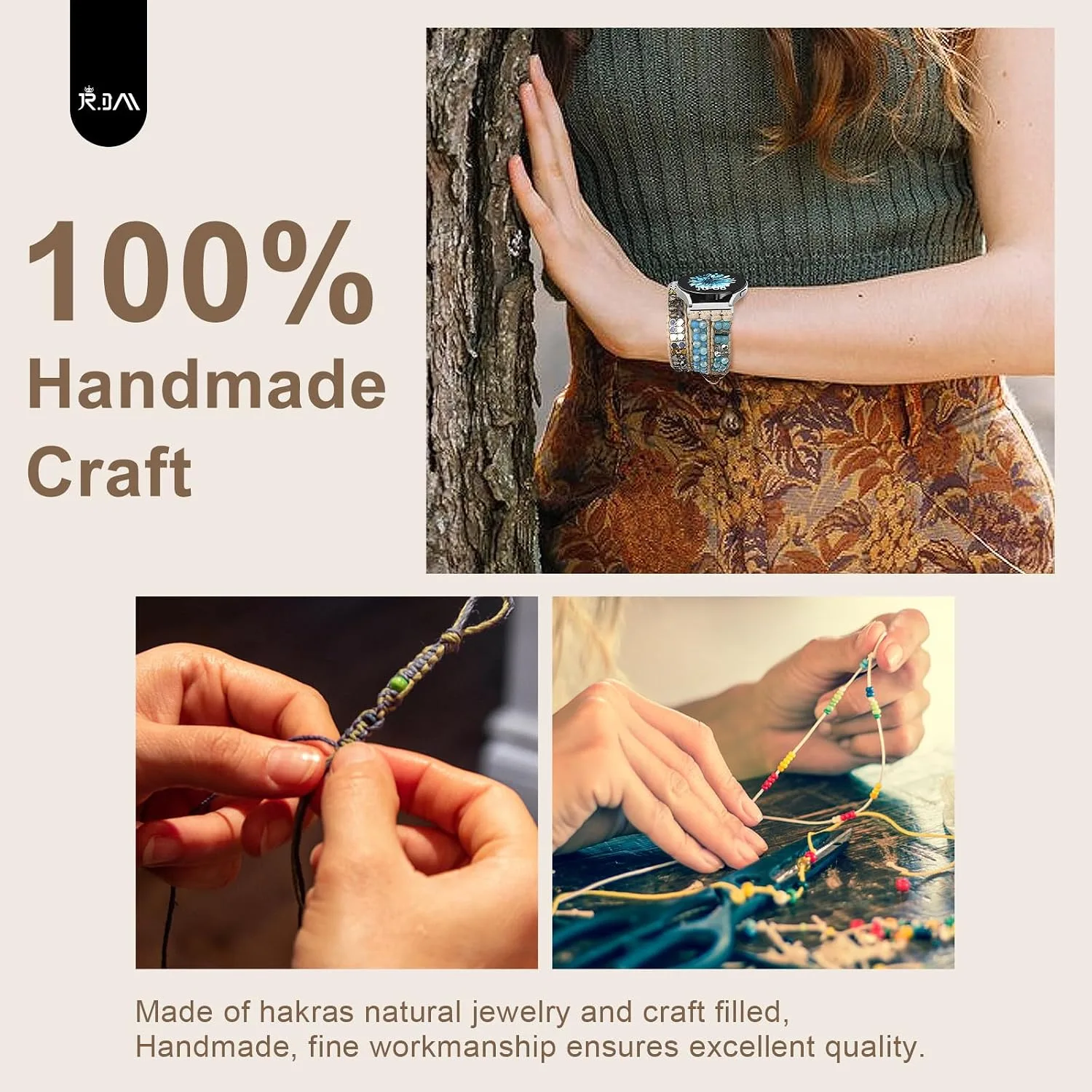JR.DM Boho Beaded Handmade Braided Bracelet Band Women 20mm Compatible with Samsung Galaxy Watch 7/6/5/4/Active 2/4 Classic/6 Classic/5 Pro/FE 40mm 42mm 43mm 44mm 45mm 46mm 47mm