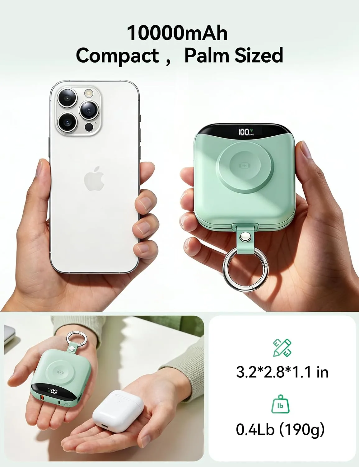 Portable Charger 10000mAh 22.5W Power Bank Built-in 2 Cables Keychain