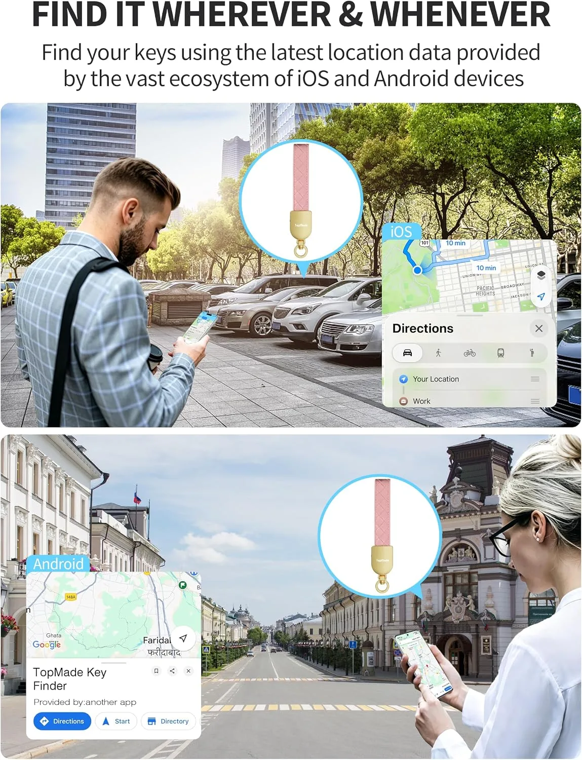 Smart Keychain Tracker (iOS & Android), Car Key Chains Finder, Pink & Gold