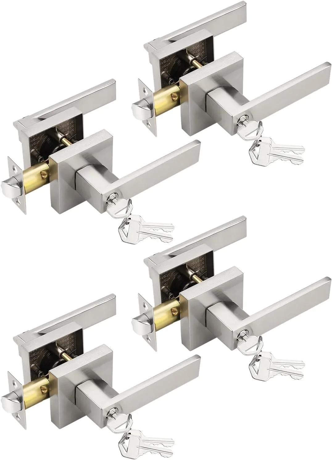 Tinewa 4 Pack Entry Door Levers with Lock and Key, Brushed Nickel Keyed Alike Lockset Combo Pack, Entrance Door Handles