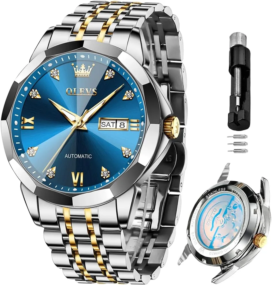 OLEVS Skeleton Men Watches Automatic Business Luxury Diamond Self Winding Watch for Men Stainless Steel Calendar Wrist Watch