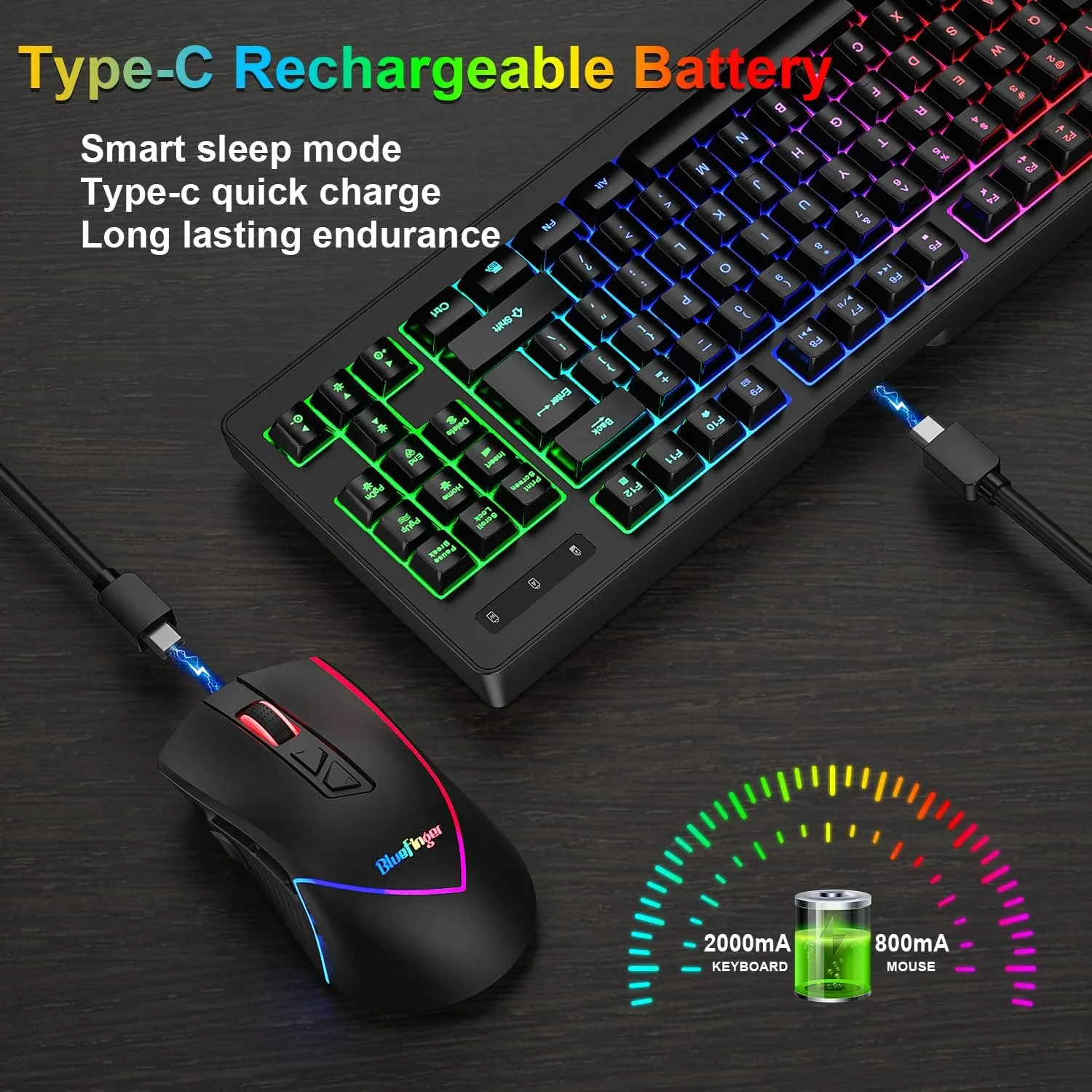 BlueFinger Wireless Keyboard and Mouse Combo, Long Lasting Rechargeable Battery 87 Keys RGB Rainbow Backlit Gaming Keyboard & Ergonomic Light Up Gaming Mouse for Mac Laptop Computer PC Gamer
