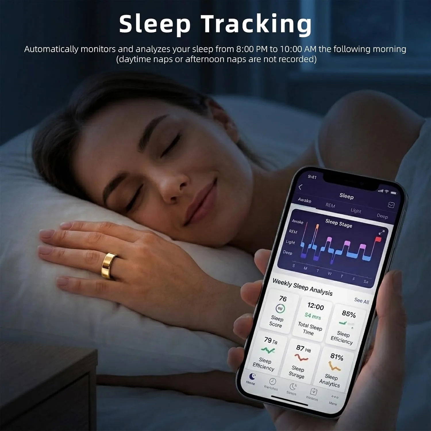 Smart Ring for Women & Men, Fitness Tracker Ring No App Fee (Gold 9)
