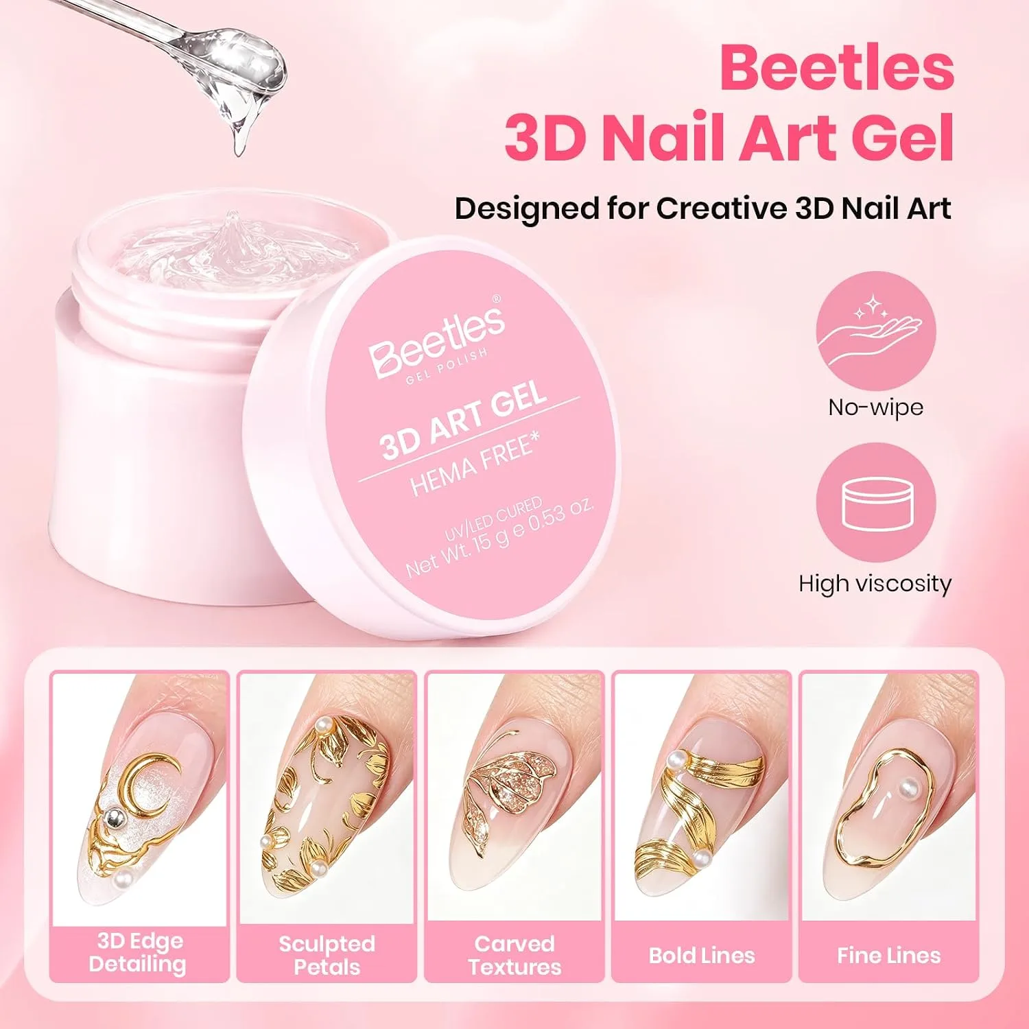 Beetles 3D Gel Nail Art: Clear No Wipe for Chrome Powder & Painting 15g