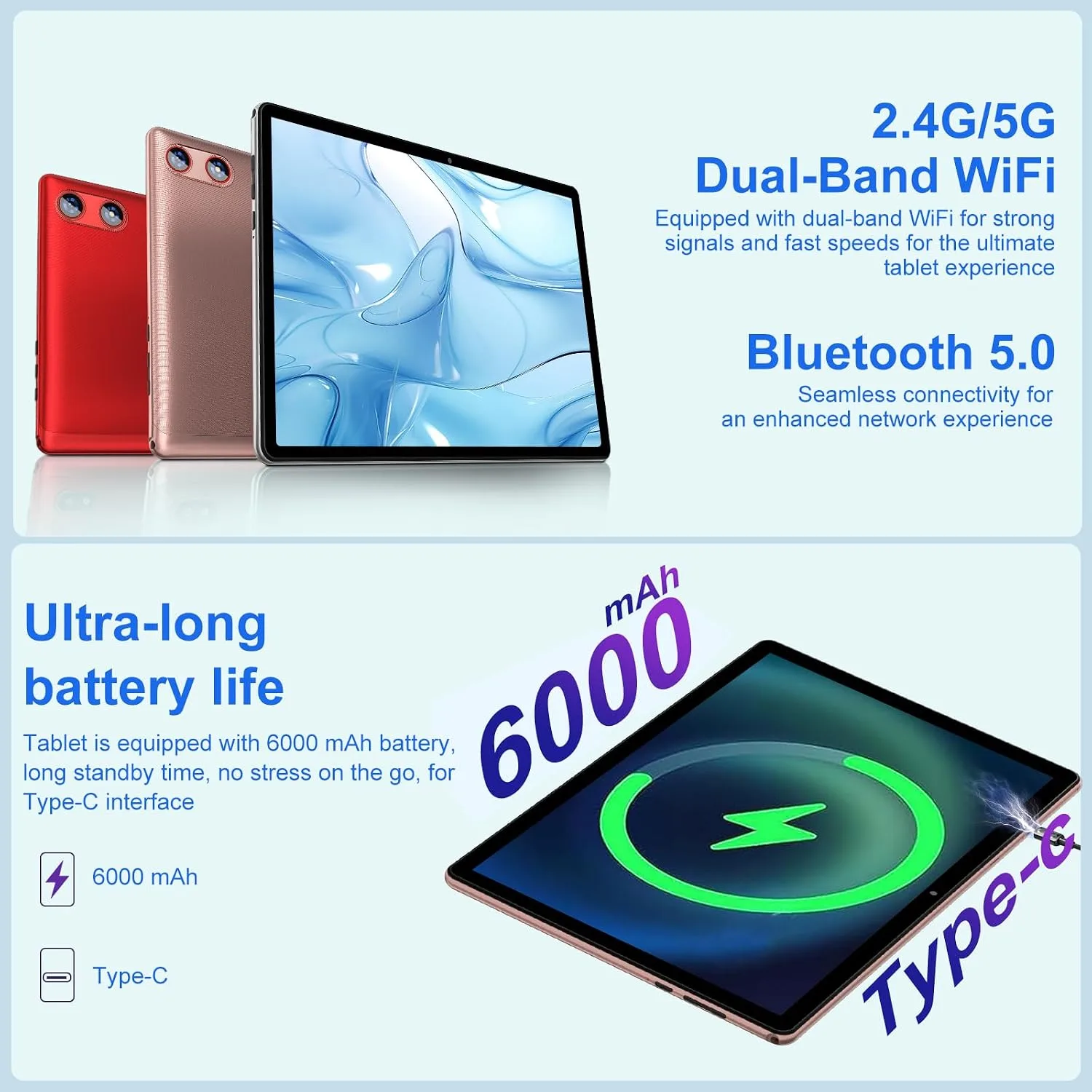 Android Tablet with Keyboard 30GB+64GB+1TB, Tablet 10 Inch Octa-Core Electronics Tablets, Gemini AI, 6000mAh, HD IPS Display, 5G WiFi, Widevine L1, Split Screen - Rose Gold
