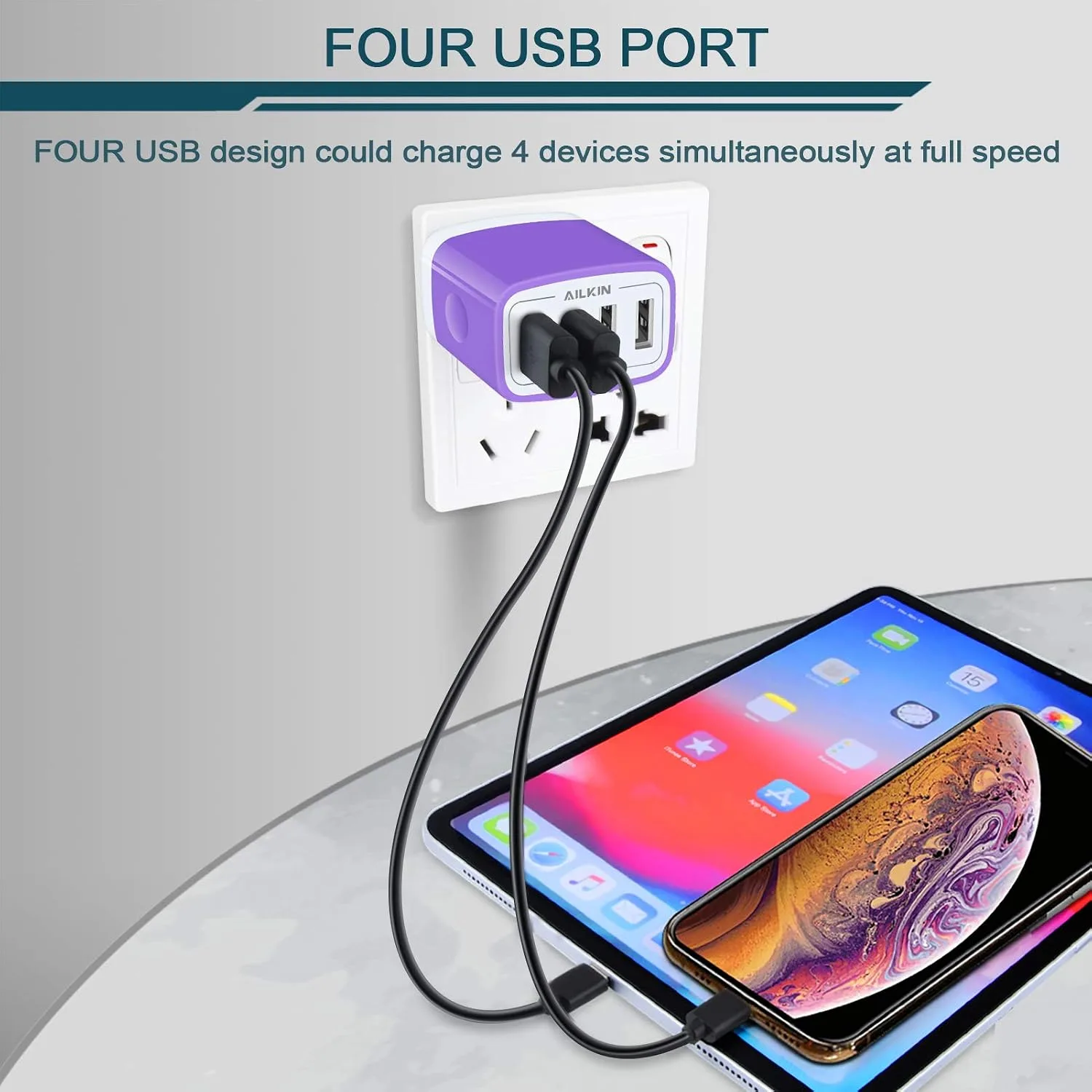 USB Charger Cube, Wall Charger Plug, AILKIN 4.8A 4-Muti Port USB Adapter