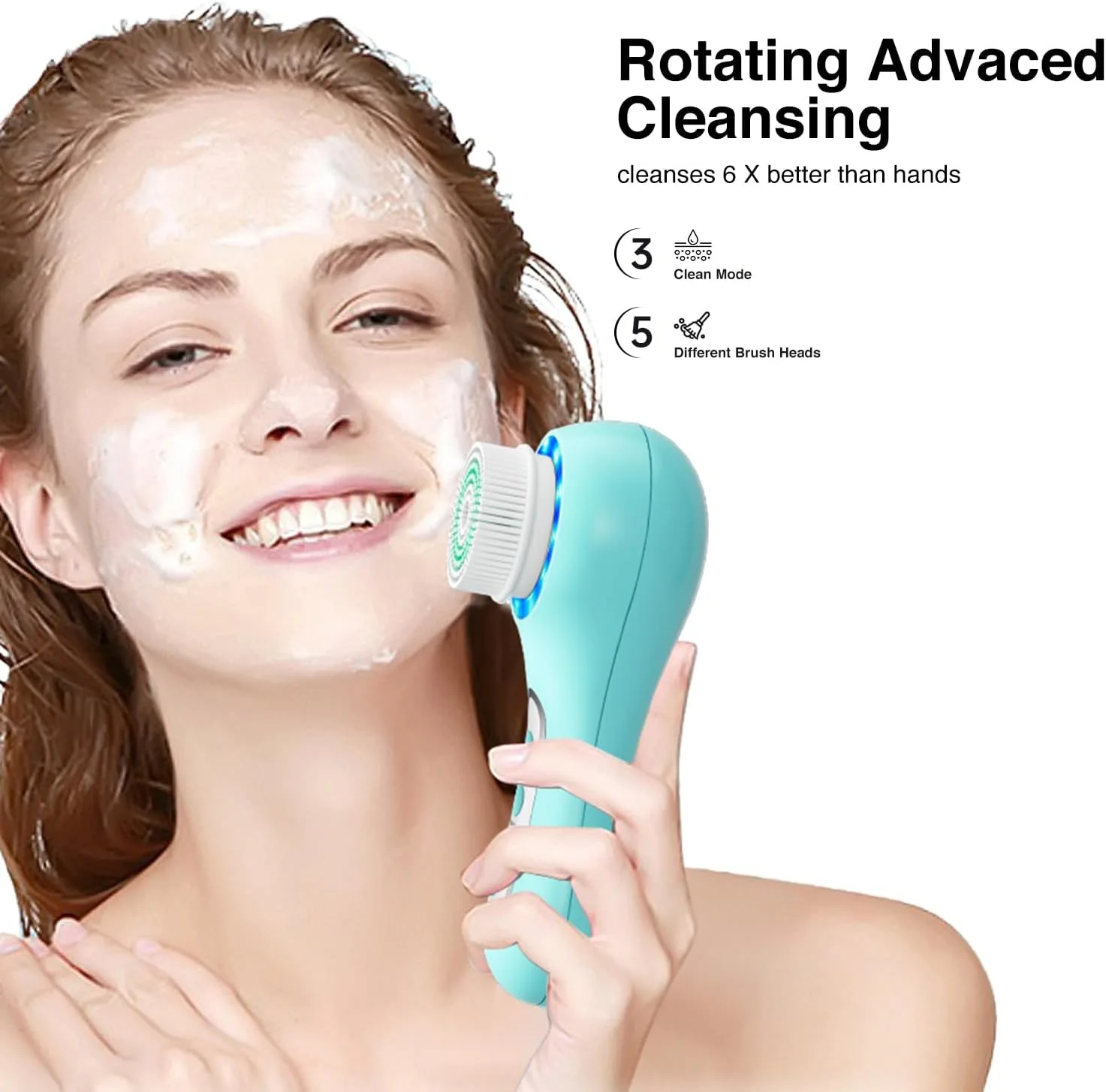 UMICKOO Electric Facial Cleansing Brush, 2-Way Rotating Face Scrubber for Daily & Deep Cleaning, 3 Modes, 5 Brush Heads, Rechargeable, IPX7 Waterproof for All Skin Types