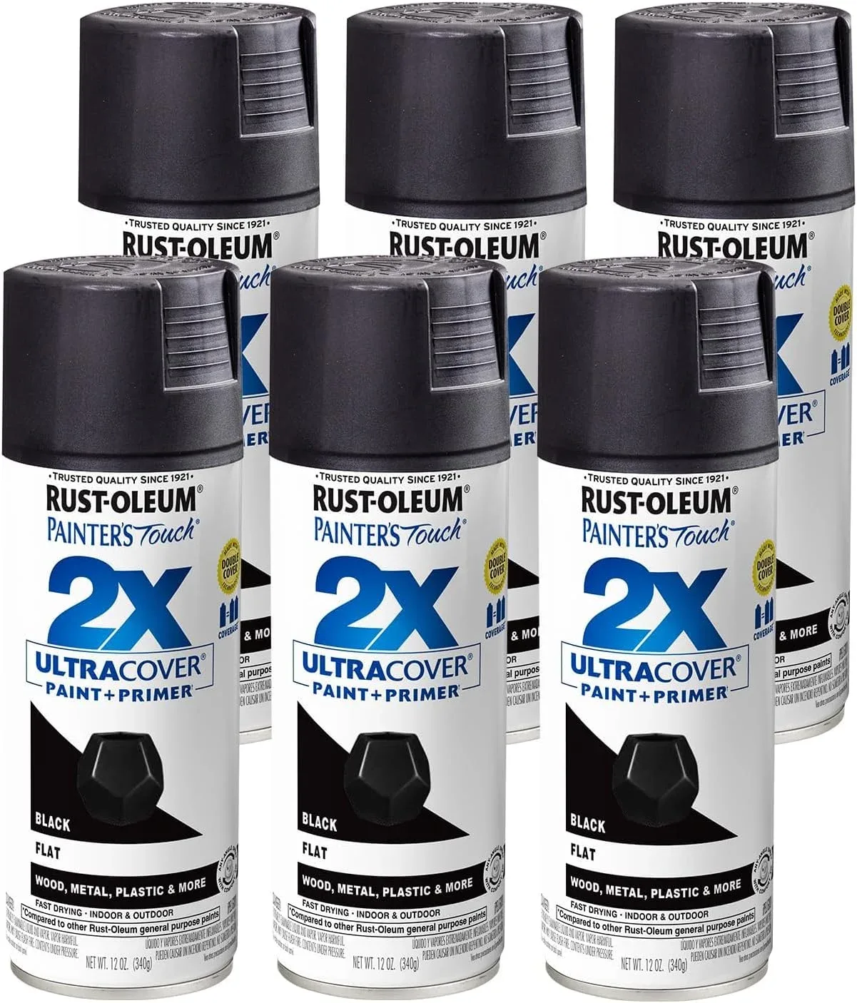Rust-Oleum 334020-6PK Painter's Touch 2X Ultra Cover Spray Paint, 12 oz, Flat Black, 6 Pack