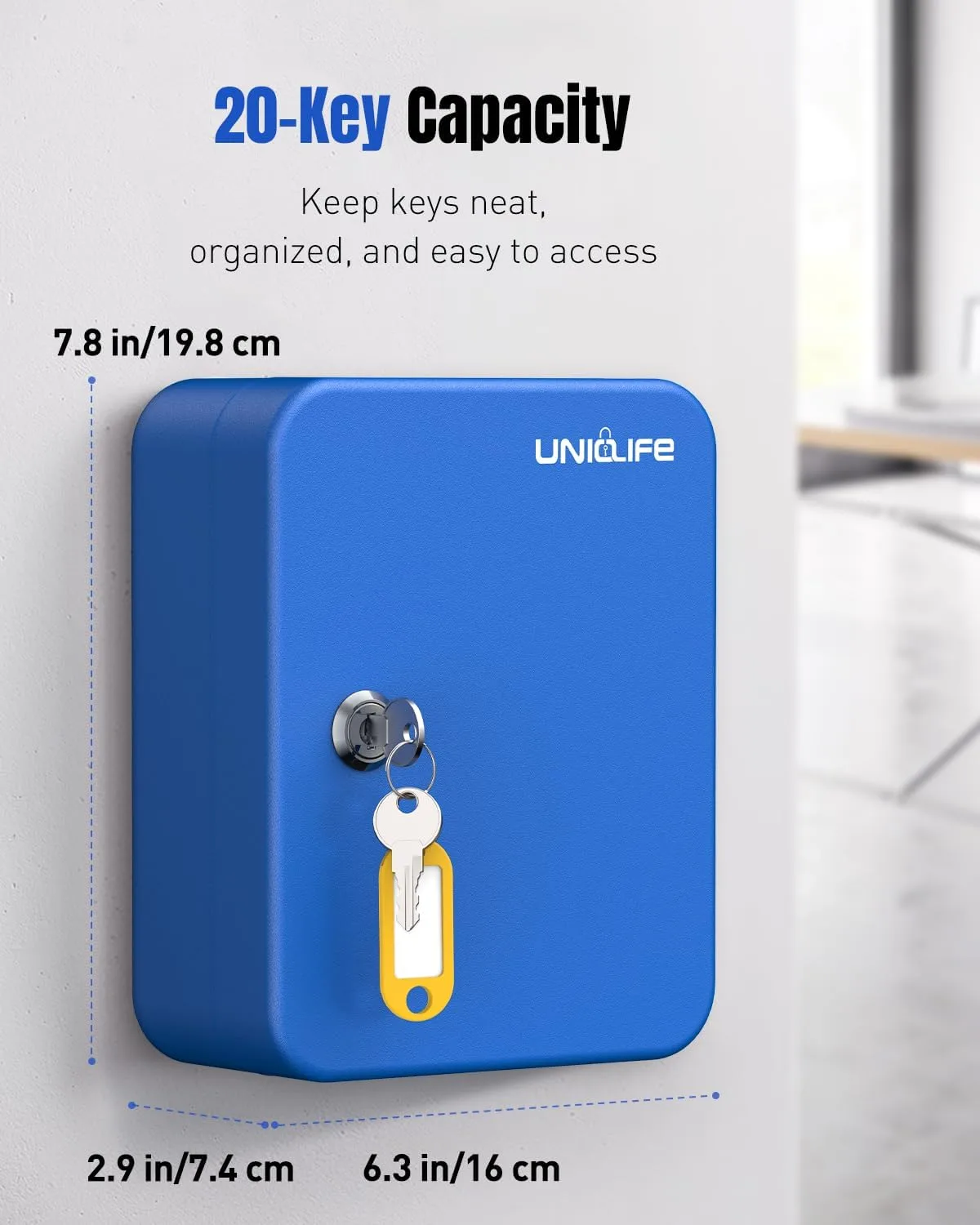 Uniclife 20 Keys Key Lock Box, Wall Mount Key Box, Lock Box for Keys, Key Lockbox with Tags, Key Cabinet, Key Holder Storage Box for Home Office & Company, Blue