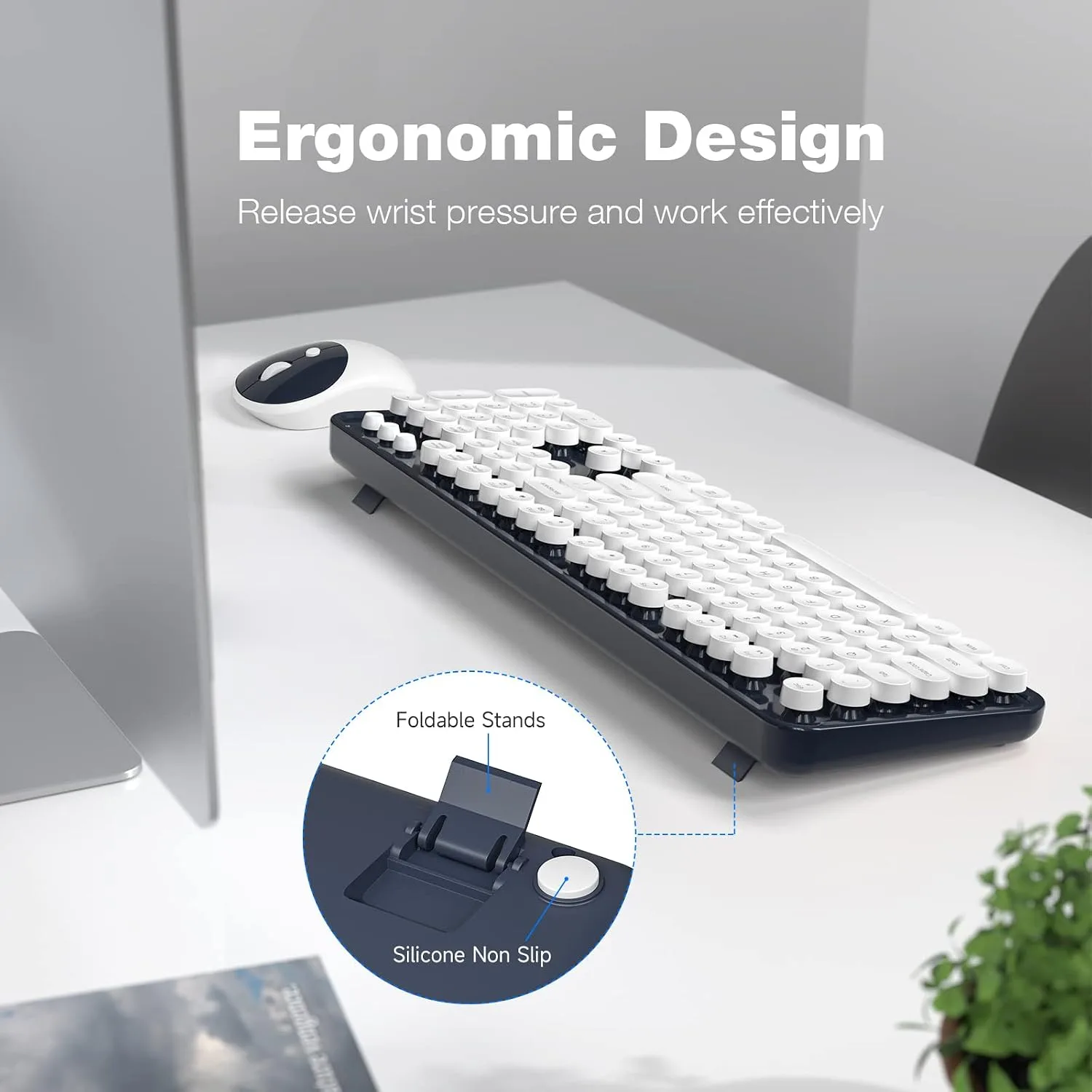 MOFII Wireless Keyboard and Mouse Combo, Computer Full Size 2.4G Plug and Play Wireless Typewriter Retro Round Keyboard and Mouse Set for Windows, Computer, Desktop, PC, Notebook - (Dark Blue)