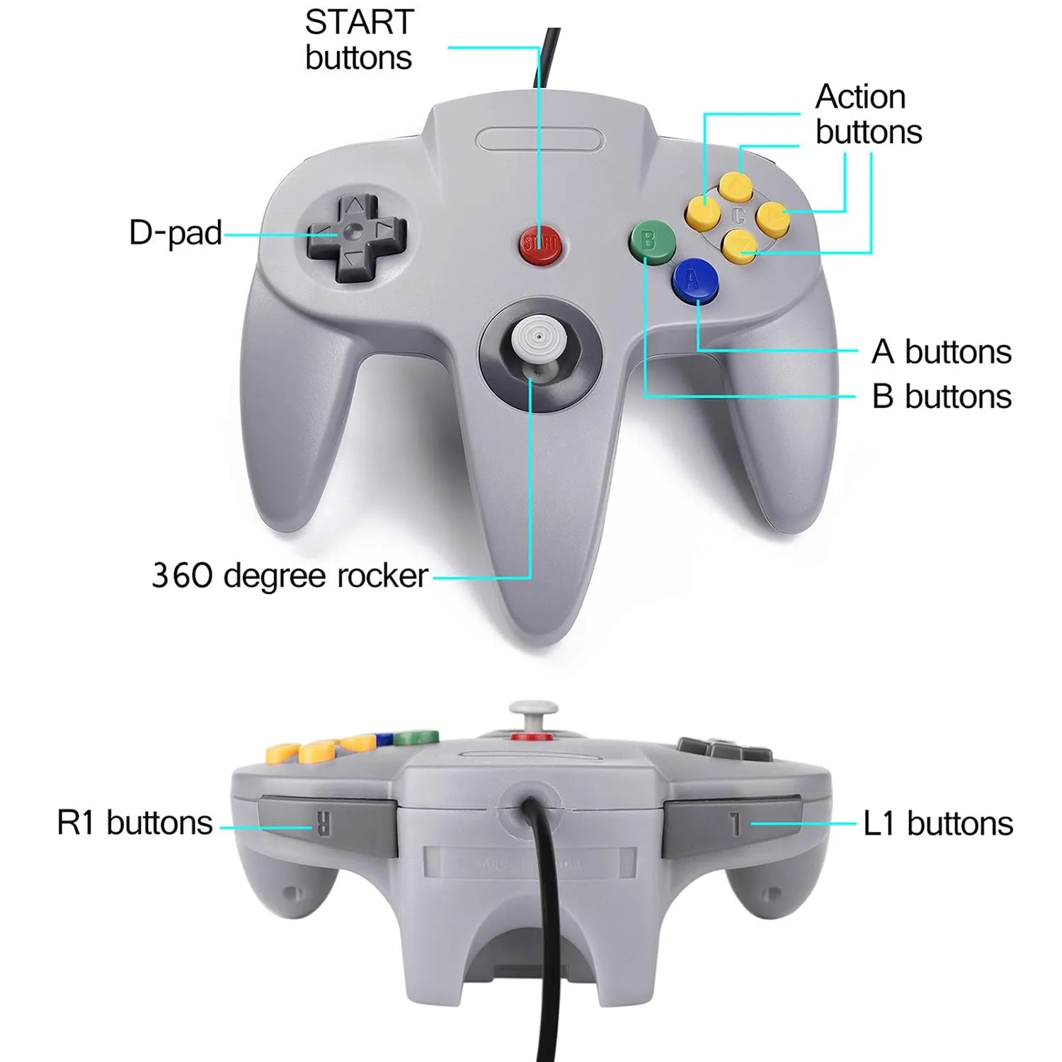 miadore 2 Pack Classic N64 Controllers (Yellow/Gray) Bundle with 2 Pack 6FT N64 Controller Extension Cable