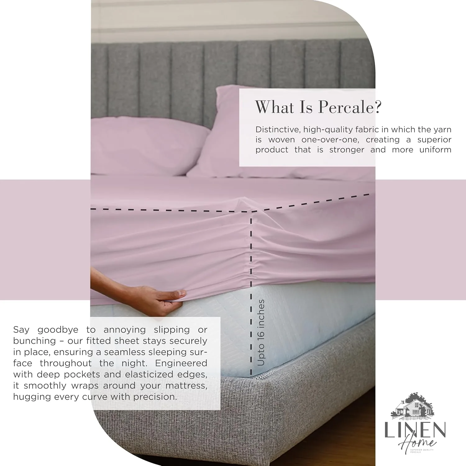Linen Home 100% Cotton Percale King Sheets 4Pc Cooling Set Mauve Lavender