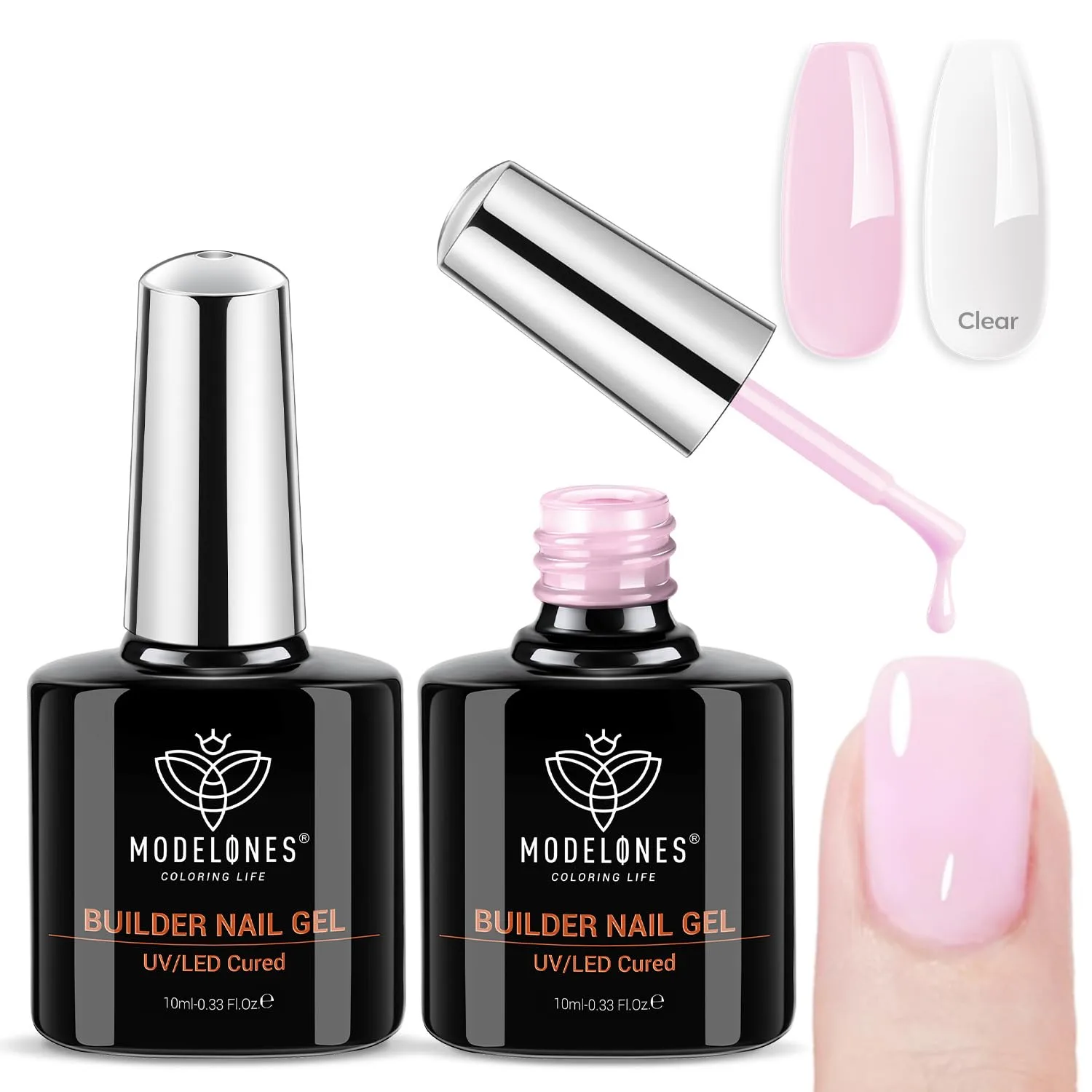modelones Builder Nail Gel, 2 Pcs Clear and Baby Pink Builder Base Coat
