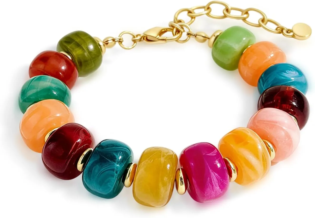 Colorful Beaded Bracelet for Women Chunky Colorful Resin Stone Beads Bracelet Bohemian Style Multicolor Bracelets Trendy Fall Autumn Outfits Jewelry Accessories
