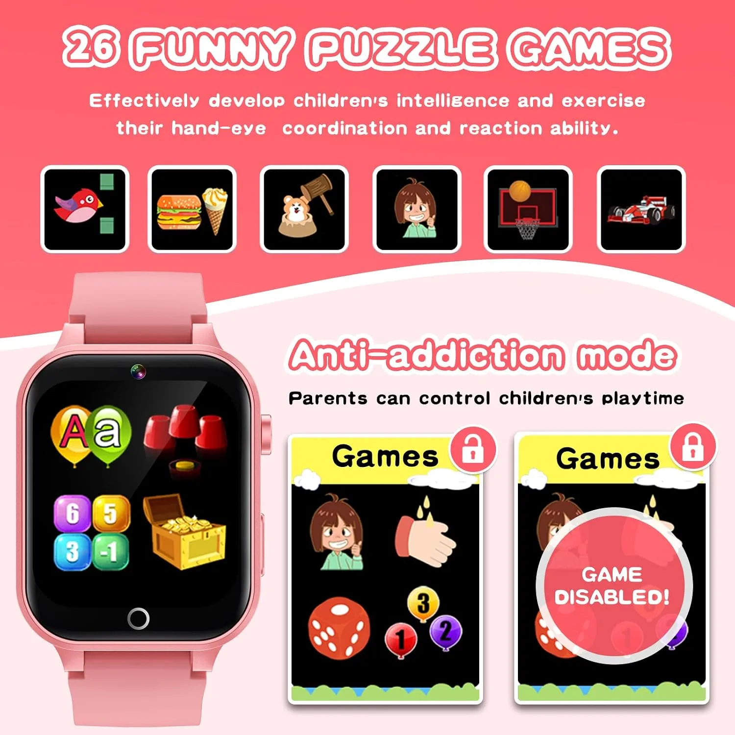Kids Smart Watches Girls Age 6-12, 26 Games Touchscreen Kids Watch with Video Camera Music Player Learning Cards Audiostory Flashlight 12/24 hr Educational Toys Birthday Gifts for Girls Ages 6 7 8