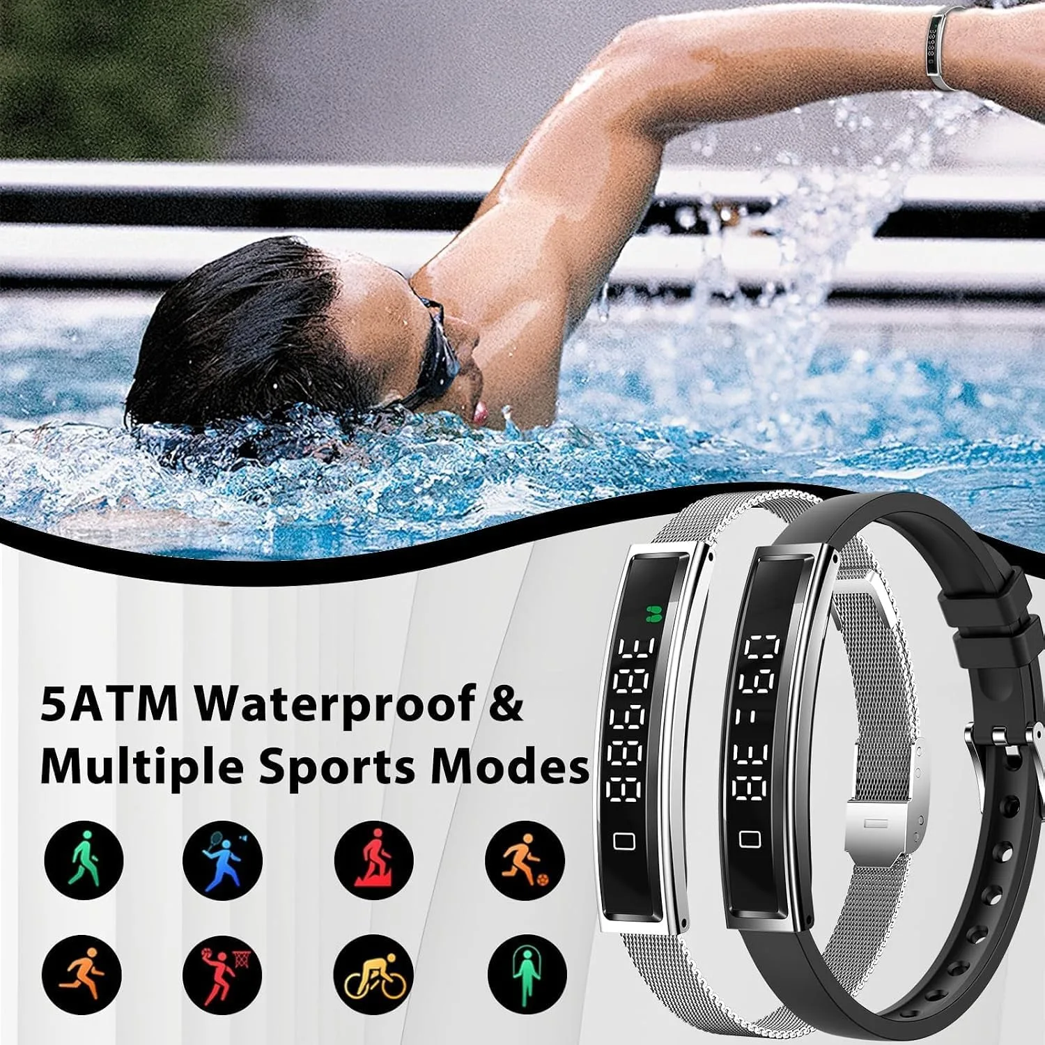 Fitness Health/Calorie Tracker with 2 Bands, Sleep Detection Bracelet