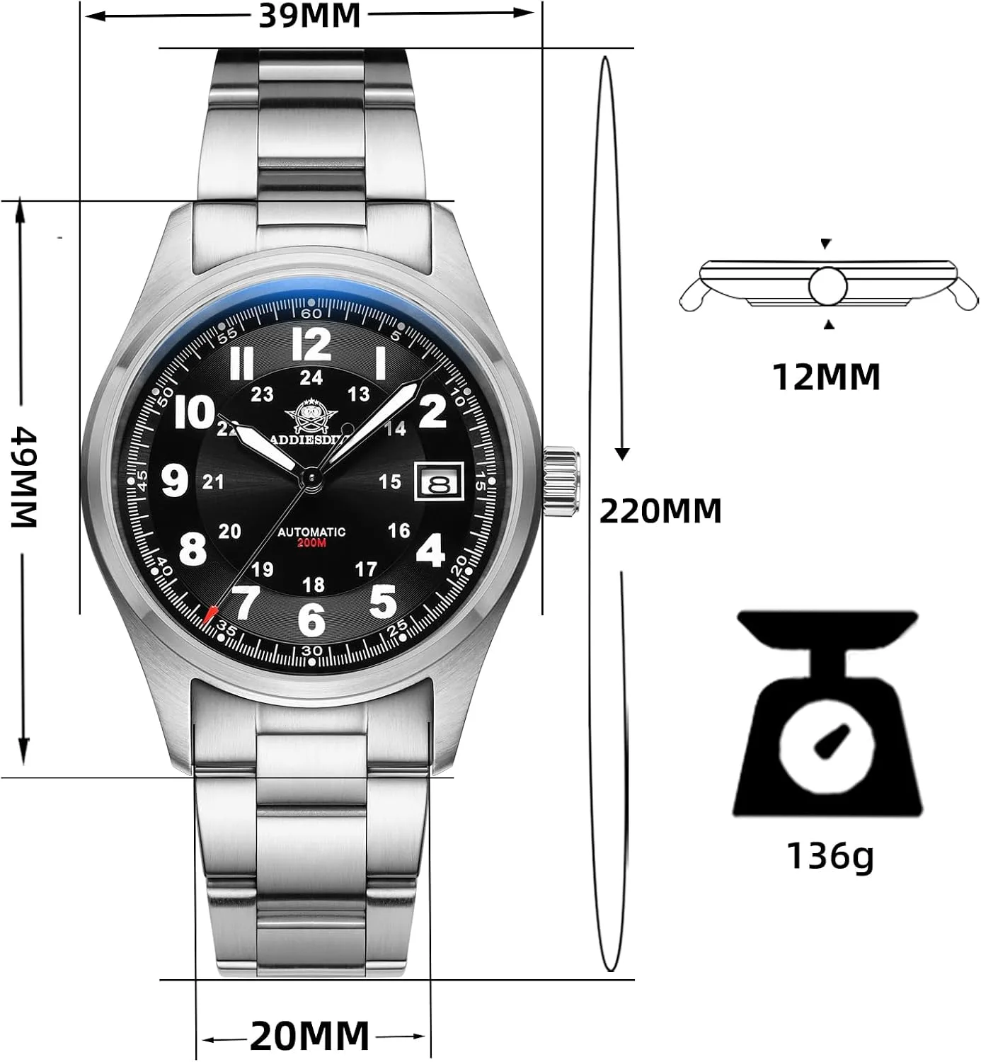 ADDIESDIVE Automatic Watches for Men Stainless Steel Diver 200 M Luminescent Analog Business Casual Dress Watch Men