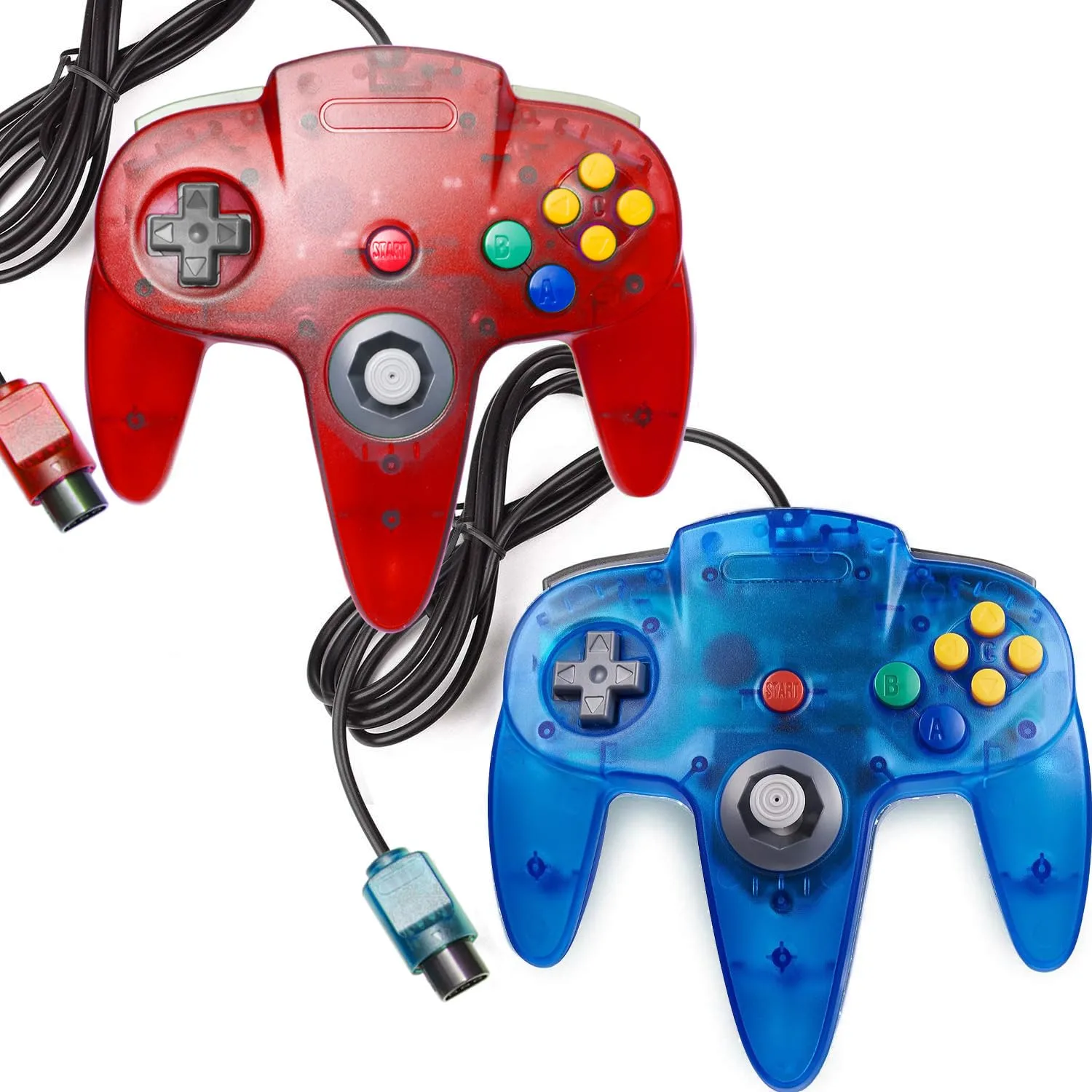 miadore 2 Packs Classic 64 Wired Controller Joystick for N64 Video Game System N64 Console (Clear Red and Blue)
