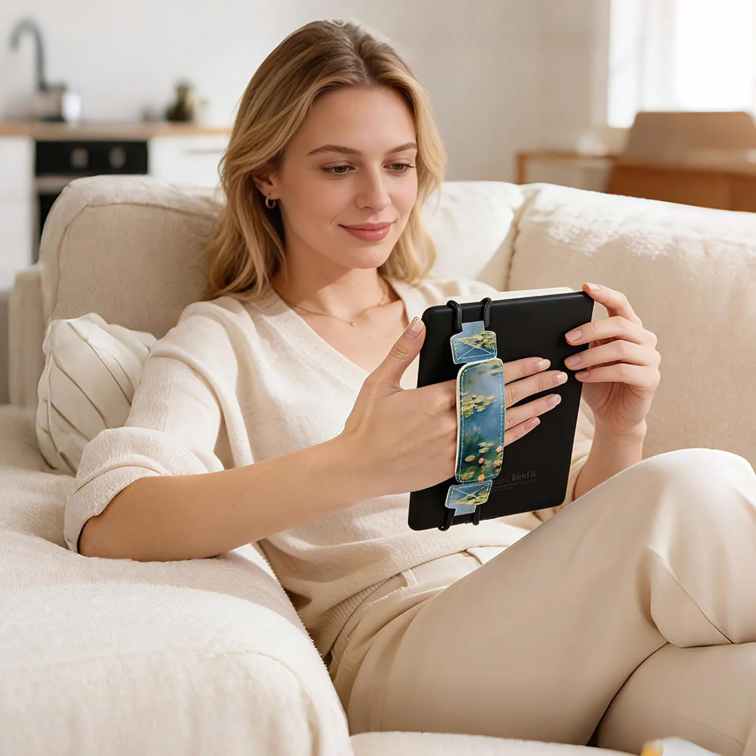 Hand Strap Holder for Kindle - Finger Grip for 6-7.5" Paperwhite 12th/11th Generation/Kobo/Lenovo/Sony Ereaders E-Book Tablet Waterlily Flowers Floral High Elasticity Reading Accessories
