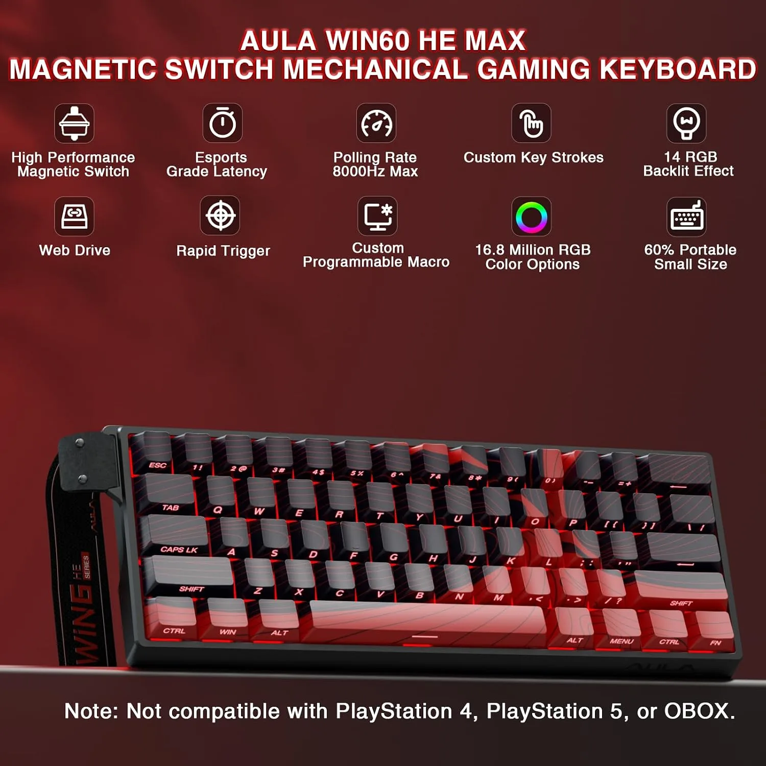 AULA WIN60 HE MAX - 60% Mechanical Gaming Keyboard Wired, Hall Effect Magnetic Switches Hot Swappable, Adjustable Actuation Rapid Trigger Mode, 8000 Hz Polling Rate, 60 Percent Keyboard Compact Design