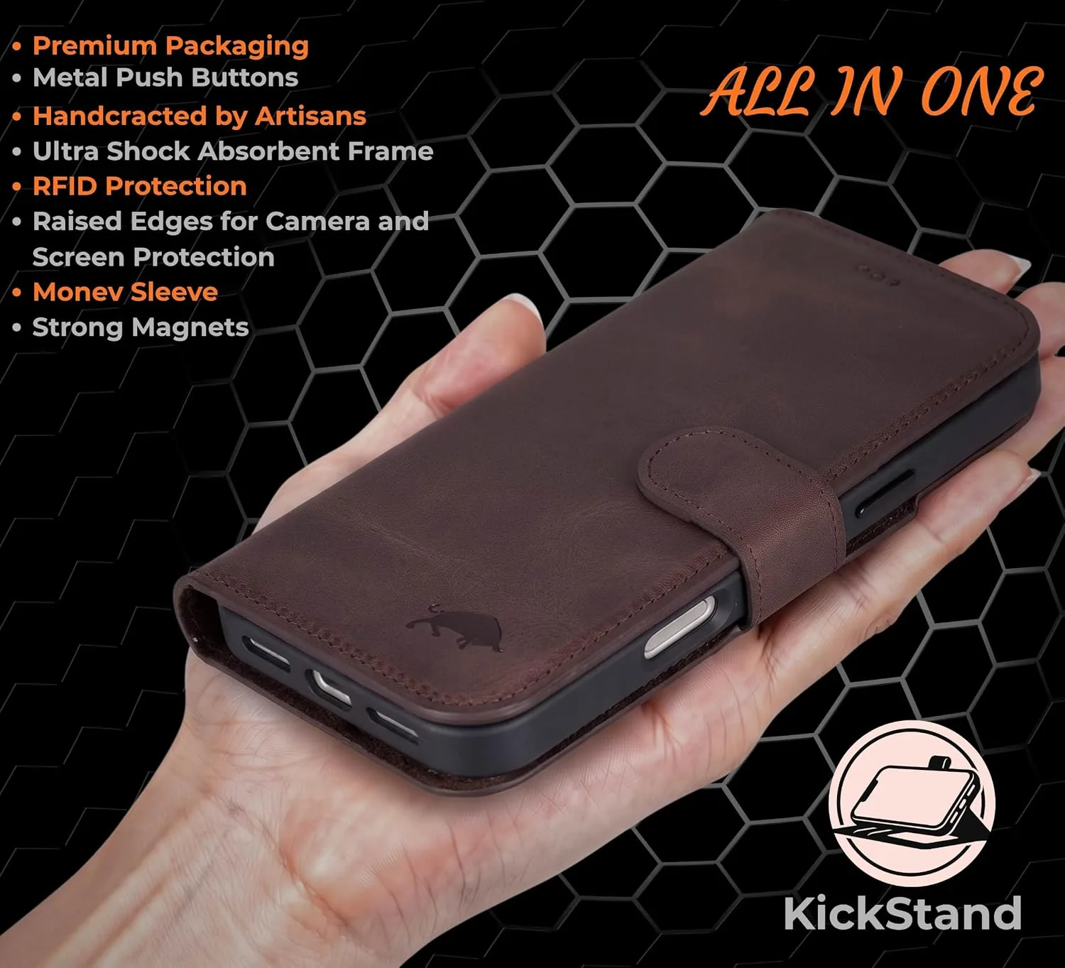 VENOULT Wallet Case for iPhone, Full Grain Genuine Turkish Leather, Magnetic Detachable, RFID 4 Card Slots, Business Style, Compatible with MagSafe (Chocolate, iPhone 17 Pro MAX)