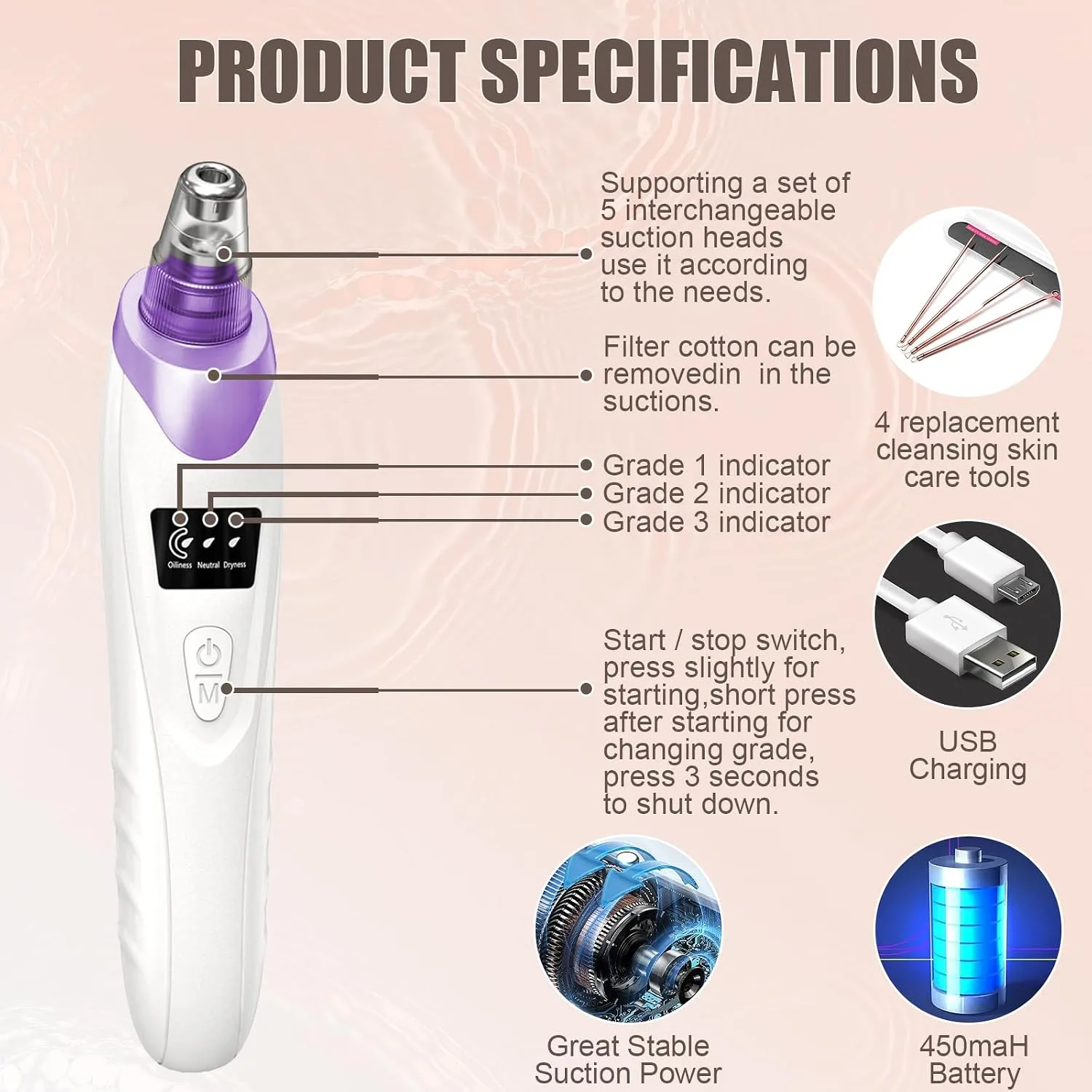 Blackhead Remover Pore Vacuum,Facial Pore Cleaner Blackhead Vacuum (Purple)