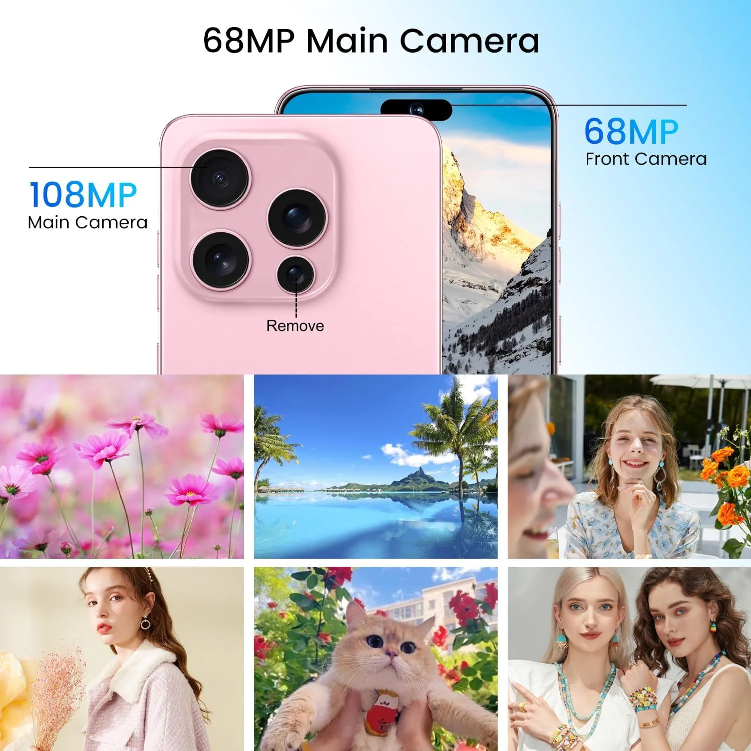 Huness I16 PM 16+1TB Smartphone Unlocked Cell Phone,6.99" HD Screen Unlocked Phones,Battery 7000mAh Android 14,Face ID/Fingerprint Button unlock/Photos/5G/Dual SIM/GPS (Pink)
