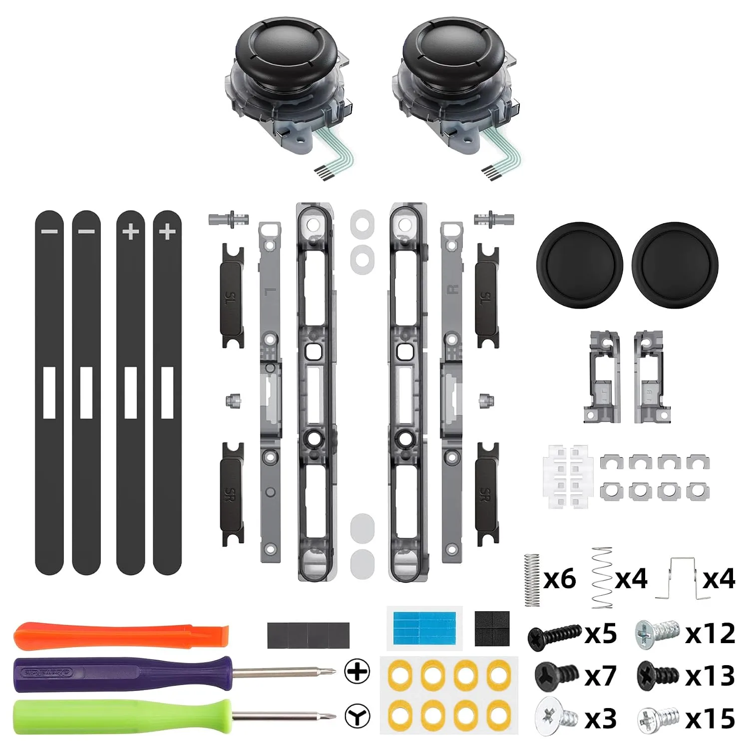 eXtremeRate Replacement 3D Joystick & Thumb Grips & Side Rail Shell Buttons for Nintendo Switch 2 JoyCon, Console Rail Stickers Left Right Analog Stick Thumbsticks Cap for Switch 2 - Clear Slate Black