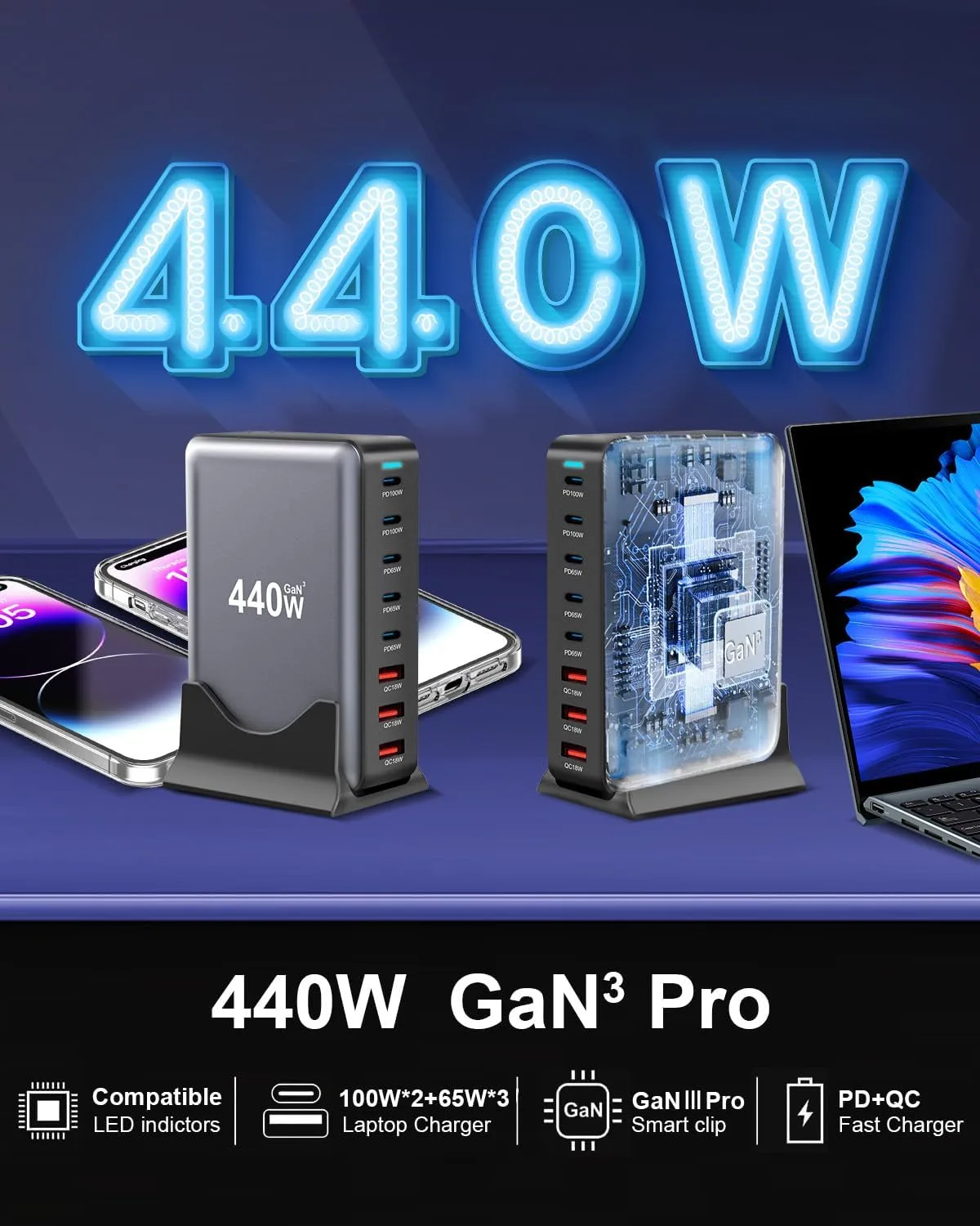 440W USB C Charger Block, 8-Port USB Charging Station with Dual 100W PD