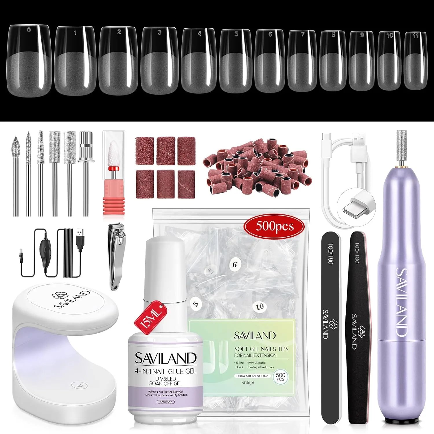 SAVILAND Extra Short Square Gel Nail Tips Kit, 500 PCS, Drill and U V Lamp