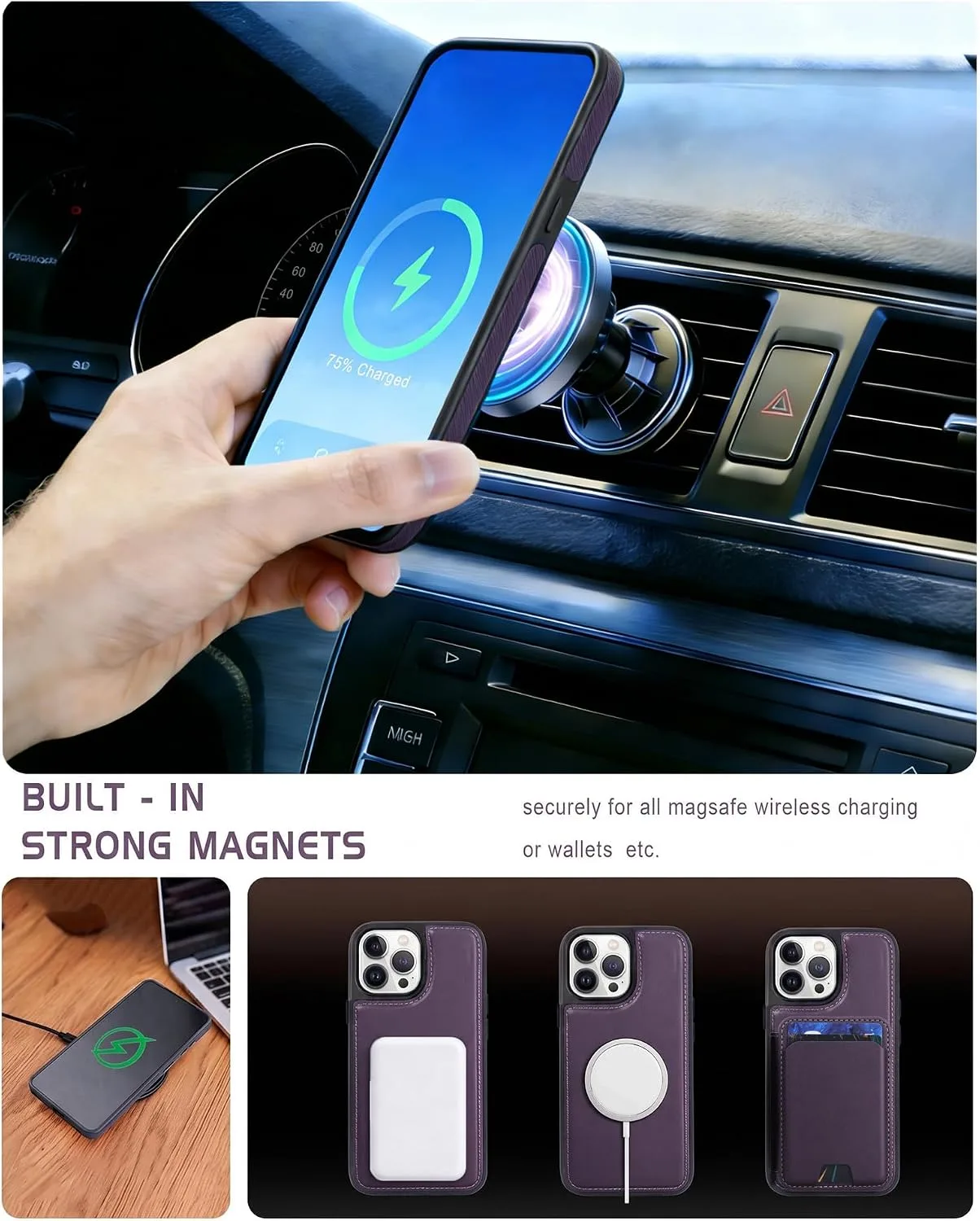 Magnetic Detachable Wallet Case for iPhone 12 Pro Max with Kickstand,2-in-1 MagSafe Compatible RFID Blocking Card Holder,Slim PU Leather Cover Purple