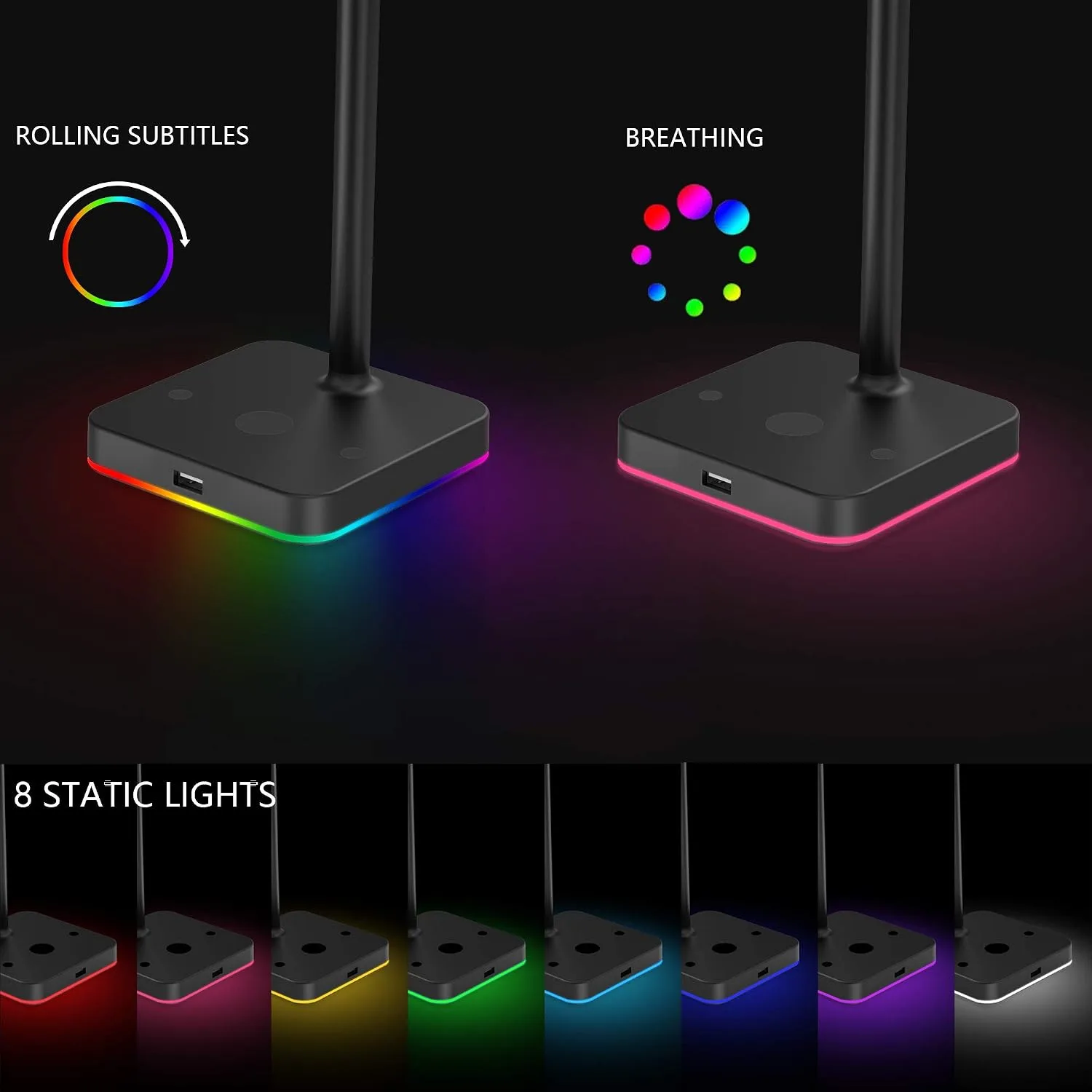 KAFRI RGB Headphone Stand with USB Hub Desk Gaming Headset Holder Hanger Rack with 1 USB2.0 Extension Charging Port Extender Cord - Suitable for Gamer Desktop Table Game Earphone Accessories, Black