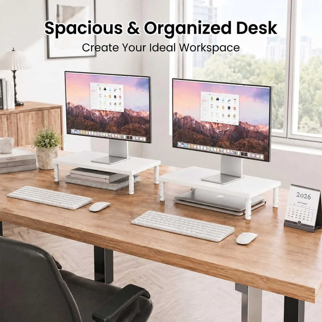 OPNICE Adjustable Monitor Stand Riser for Desk, Wood Computer & Laptop Stand, Desk Organizers and Accessories, Office Desk Accessories & Workspace Organizer for Home Office Supplies, White