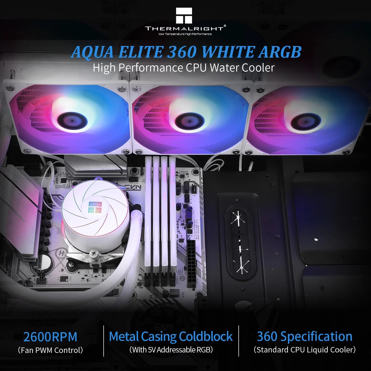 Thermalright Aqua Elite 360 White ARGB CPU Water Cooler, with 3 PWM Fans ARGB, 1550RPM Speed,for AMD/AM4/AM5, Intel LGA1851/1150/1151/1155/1156/1200/1700