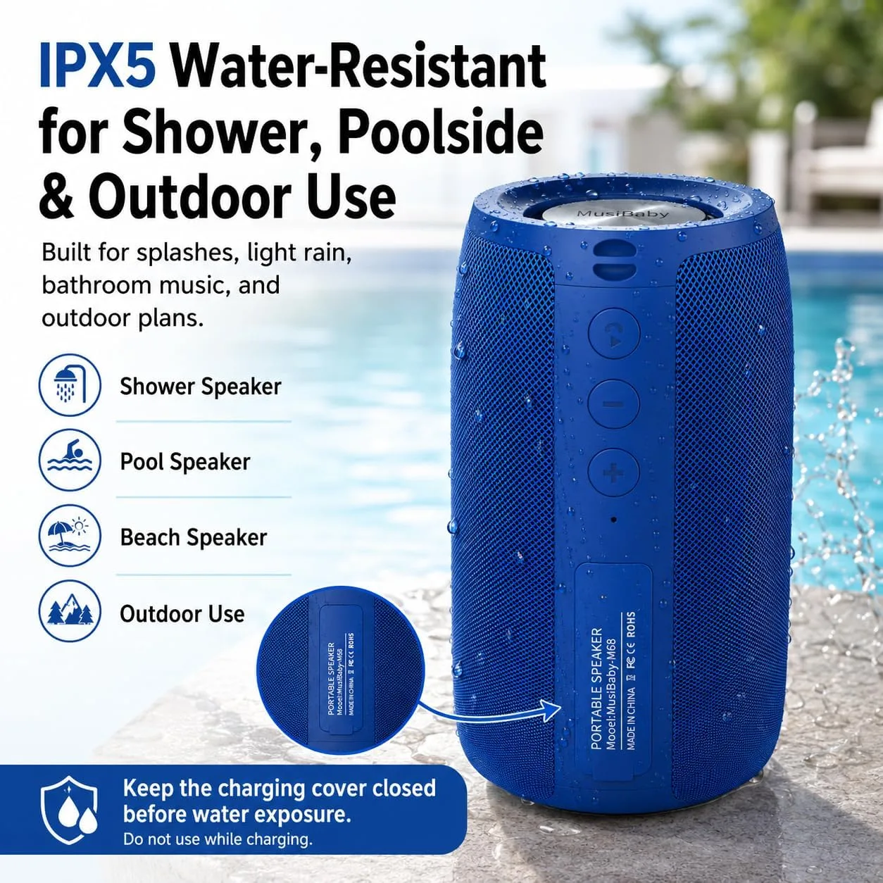 Musibaby M68 Portable Wireless Speaker, 24H Playtime, Blue