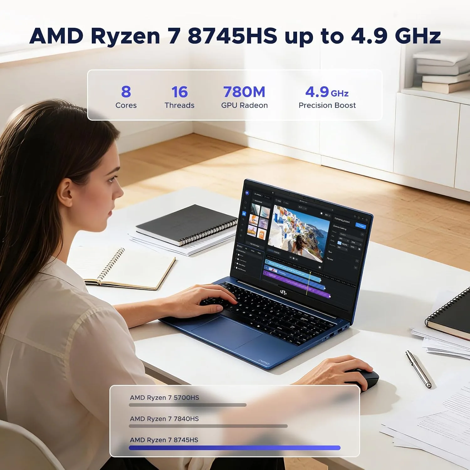 NIMO 15.6" FHD AI-Ready-Laptop, AMD R7-8745HS 16GB DDR5 RAM 512GB SSD (8C/16T, Beat R9 7940HS up to 4.9GHz) 780M-Graphics 100W Type-C Backlit Keyboard Fingerprint for Creators Streaming & Light Gaming