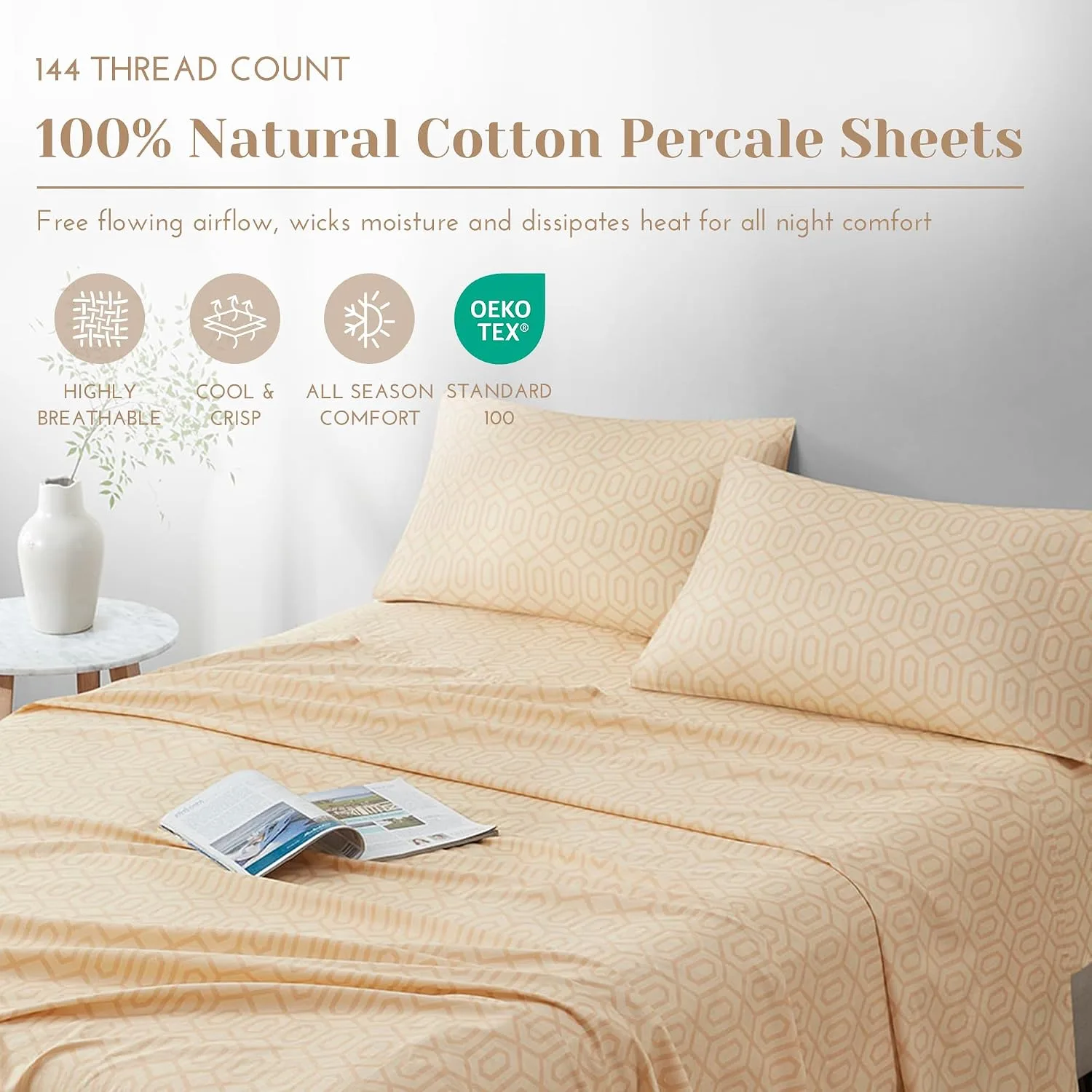 Comfort Spaces 100% Cotton Percale Sheets Twin Sheet Set 3 Pcs, Diamond Tan