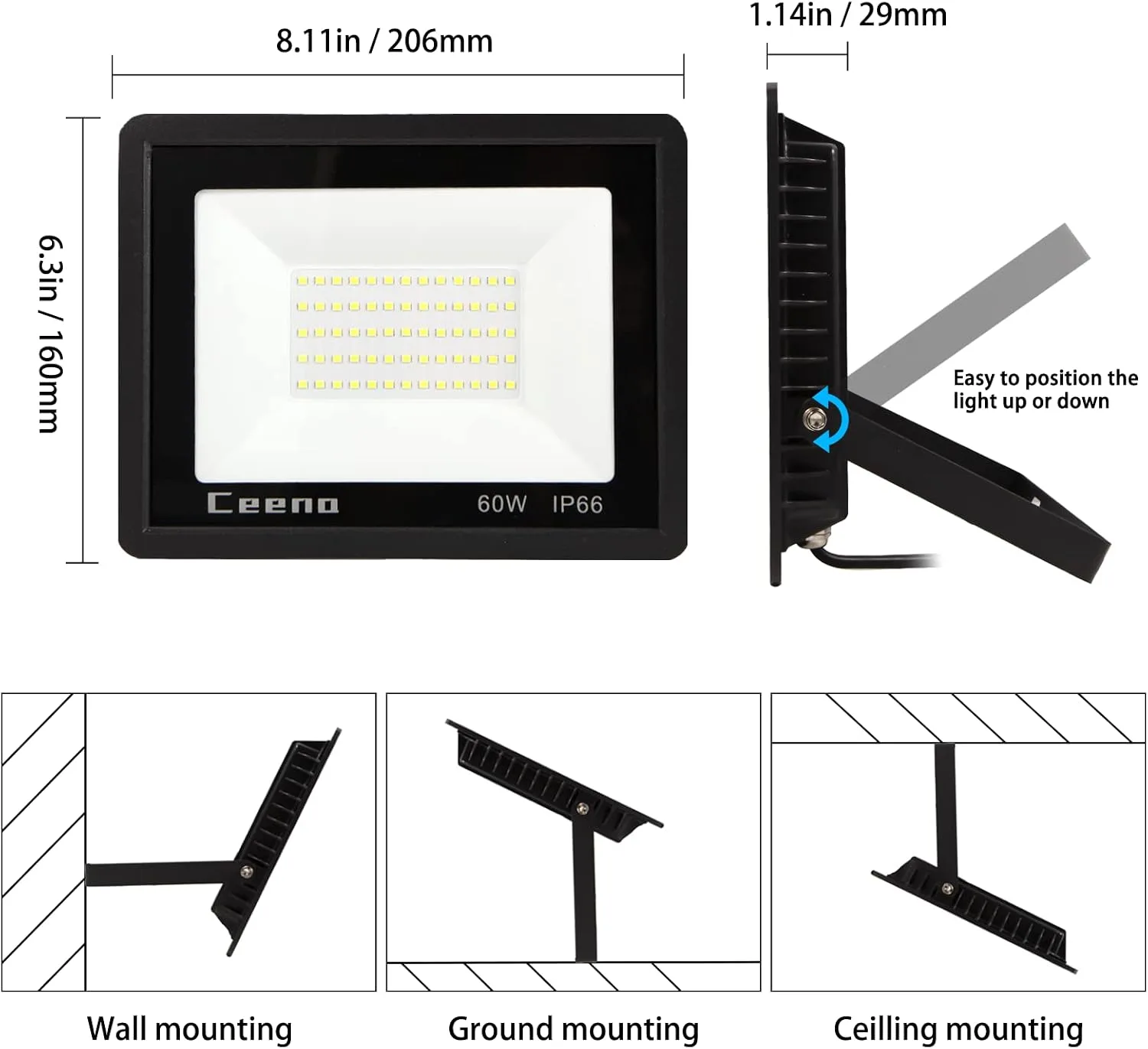 Ceena 2 Pack 60W Plug in LED Flood Light Outdoor, 6000lm Super Bright Floodlight with 5.9FT Wire, IP66 Waterproof 6000K LED Work Light for Garage, Yard, Patio, Front Door
