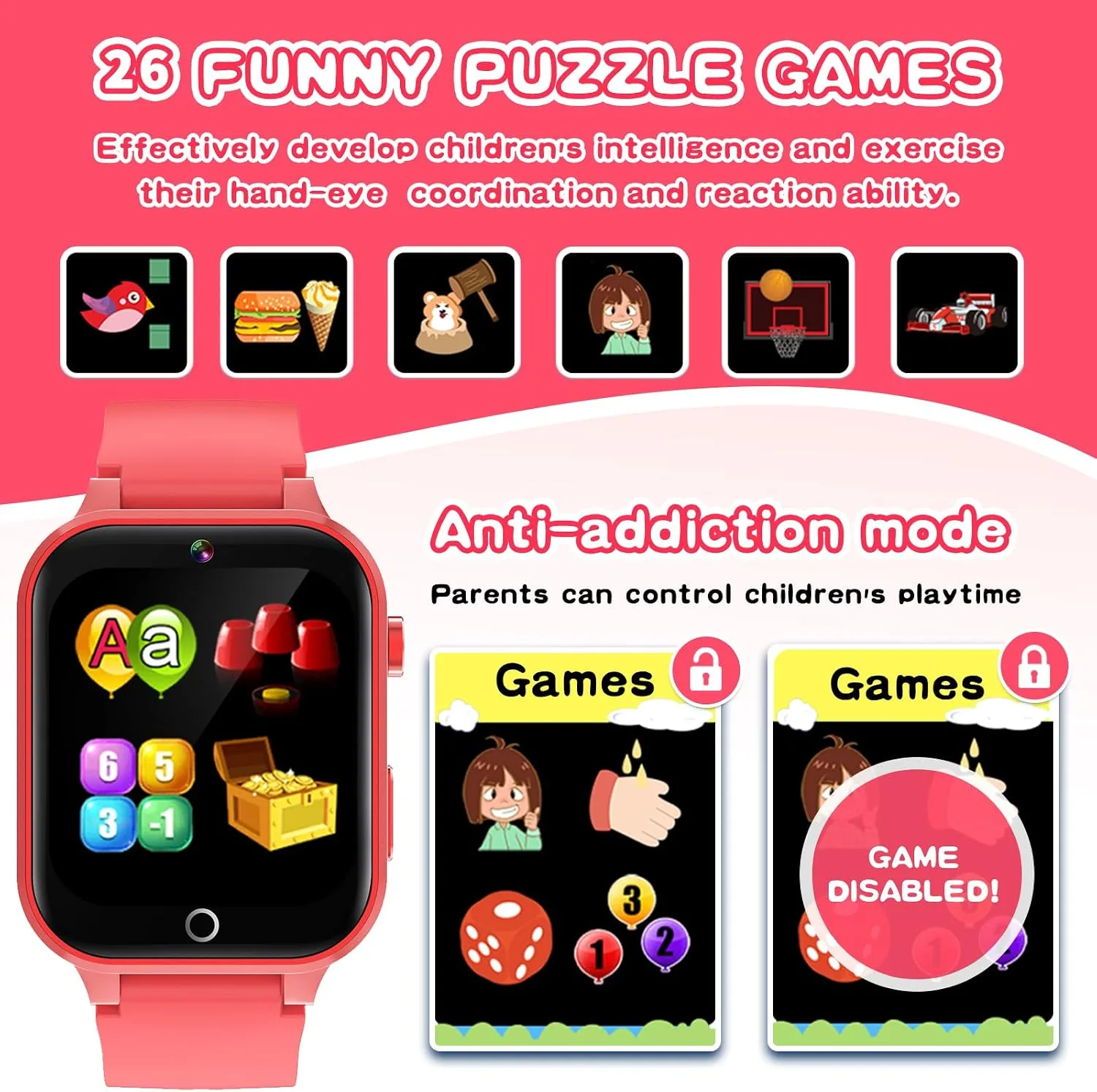 Cosjoype Kids Smart Watch Gift for Girls Age 4-12, 26 Games HD Touch Screen Kids Watches with Video Camera Music Player Pedometer 12/24 hr Educational Toys Birthday Gifts for Girls Ages 6 7 8 9 10
