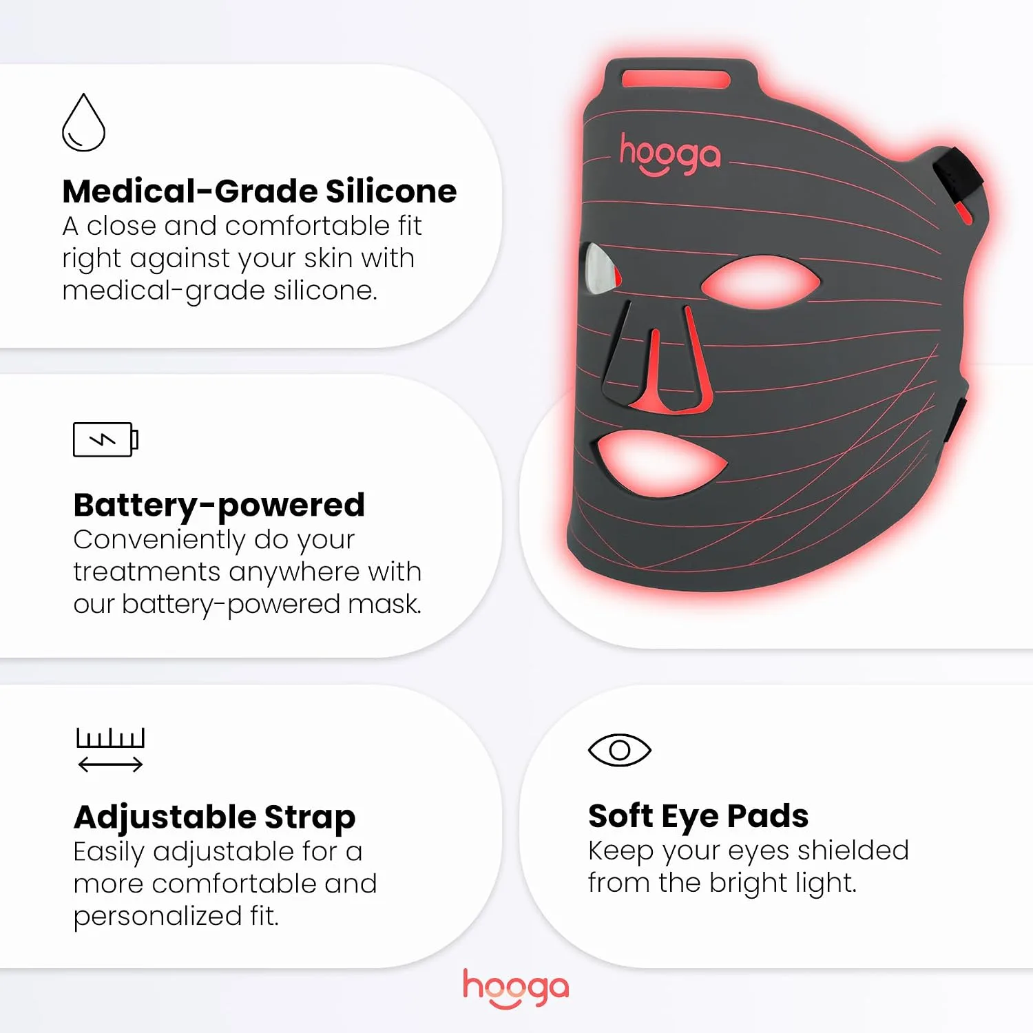 Hooga Red Light Therapy Mask – LED Face & Neck Light Therapy Mask Set, 630nm 660nm Red & 850nm Near Infrared, Tri Chip LEDs, Rechargeable, Adjustable Comfortable Fit