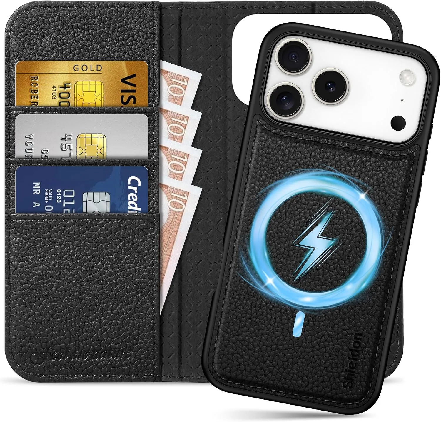 SHIELDON 2 in 1 Case Wallet for iPhone 18 Pro Max/17 Pro Max, Pebbled Black