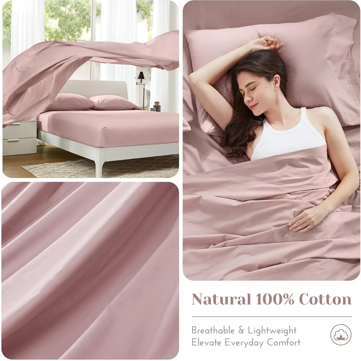 Comfort Spaces 100% Cotton Percale Sheets Queen Sheet Set 4 Pcs, Pink