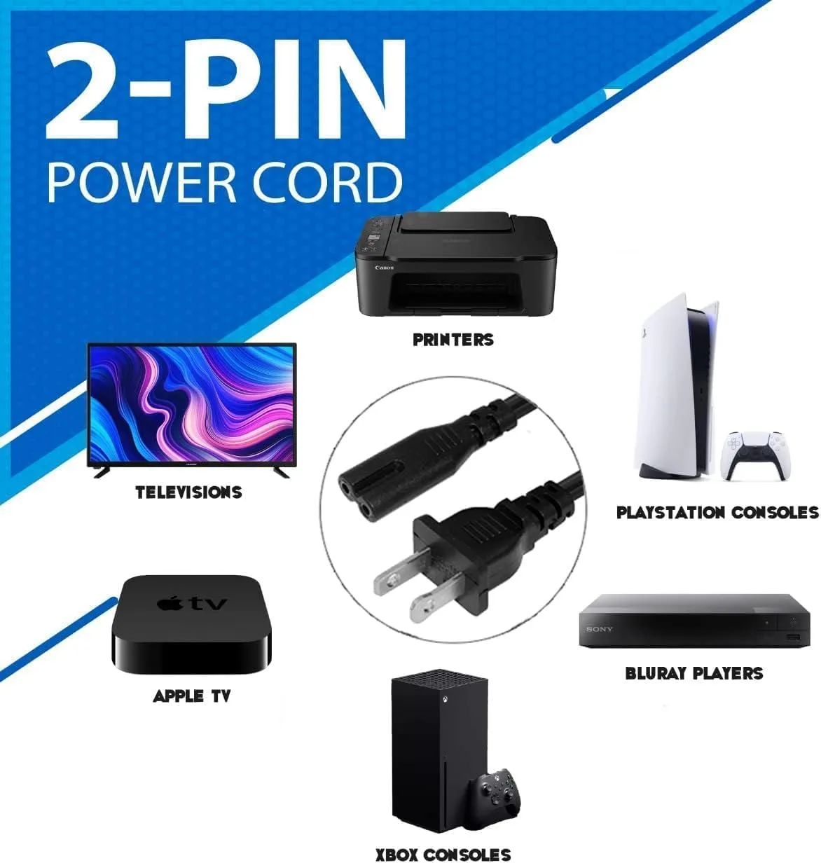 20ft Universal Replacement AC Power Cord 2 Prong Plug Figure 8 C7 Power Cable |125V| for PS4, PS5, Xbox, TV, Monitor